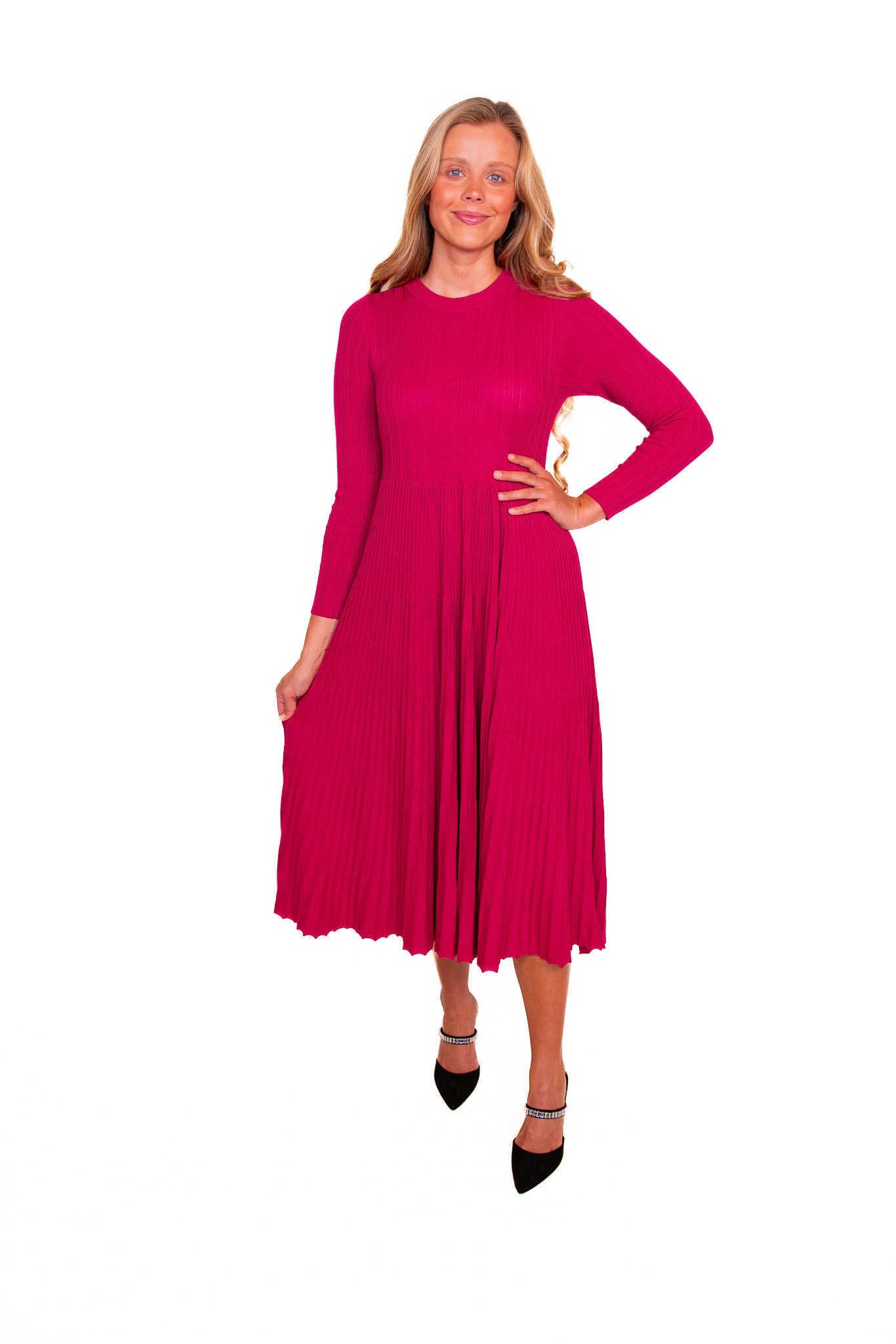 RESTOCKED - The Kris Ribbed Knit Sweater Dress in Magenta