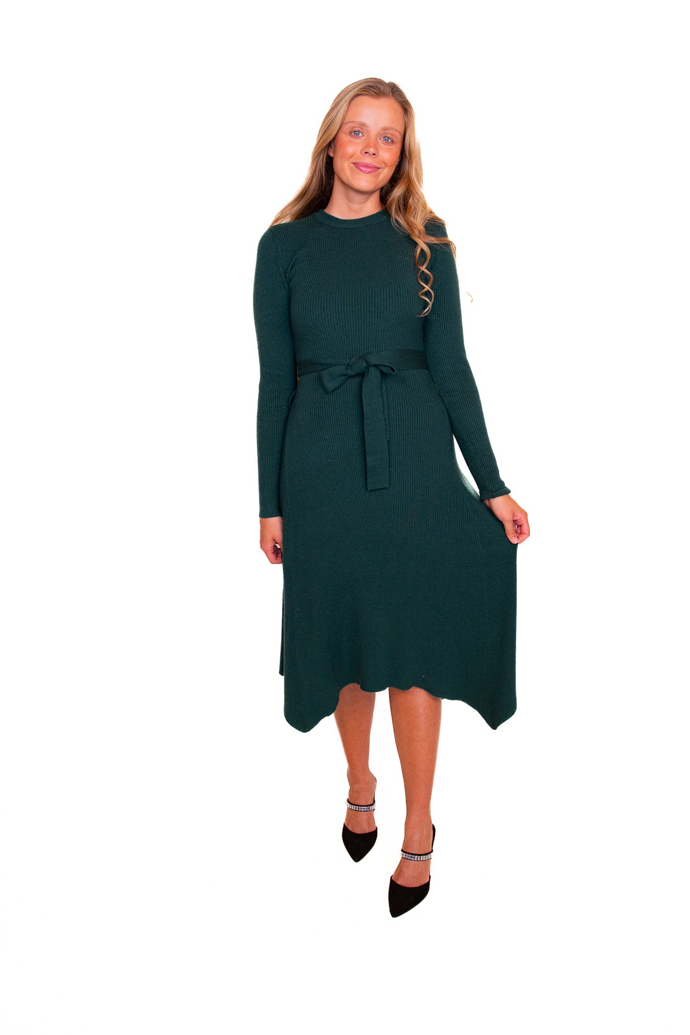 The Everly Ribbed Knit Sweater Dress in Emerald