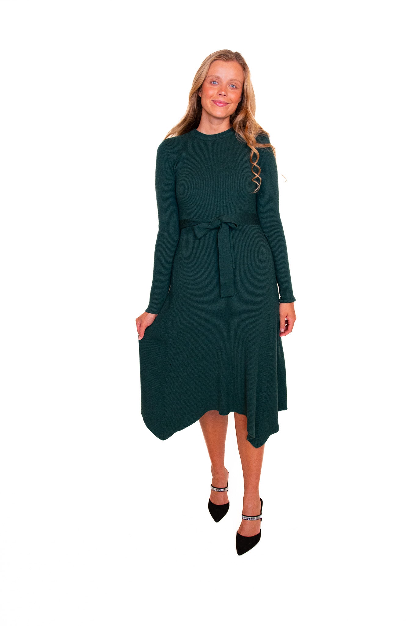 The Everly Ribbed Knit Sweater Dress in Emerald