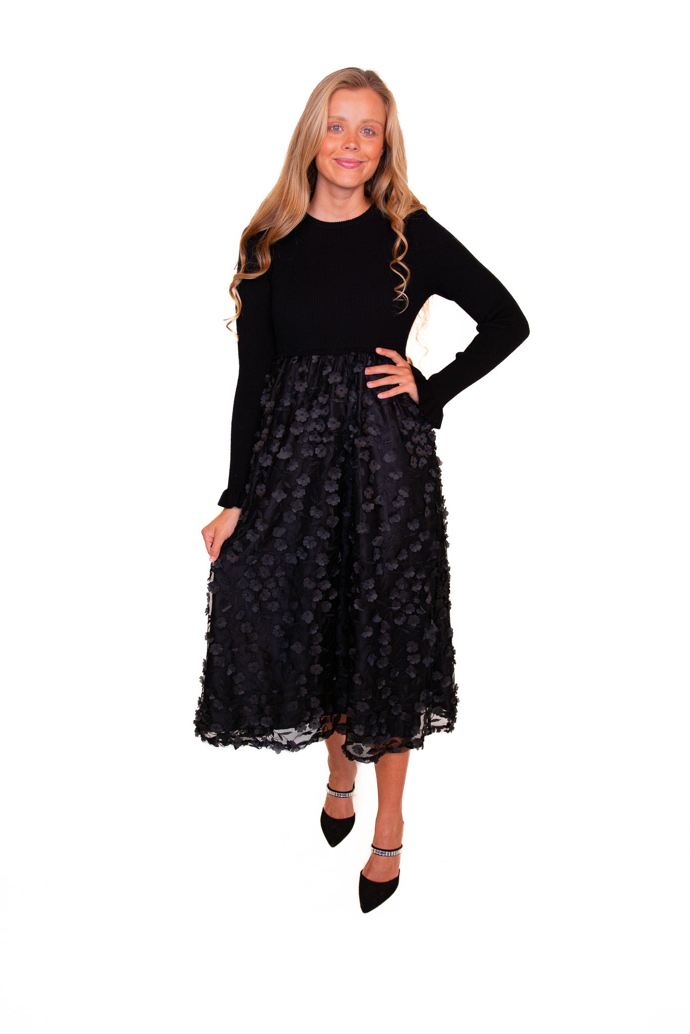 The Sofia 3D Floral Sweater Dress in Black