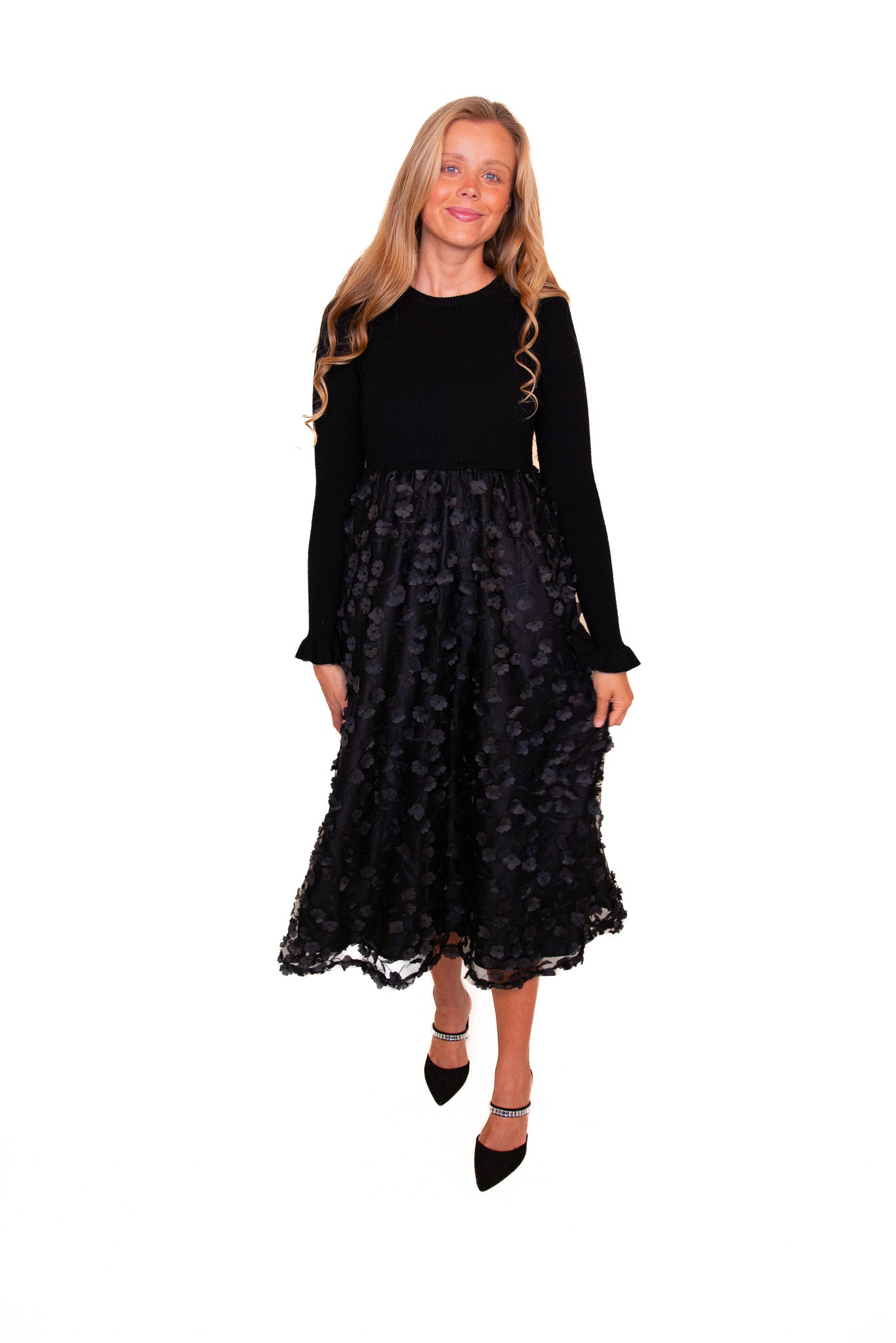 The Sofia 3D Floral Sweater Dress in Black