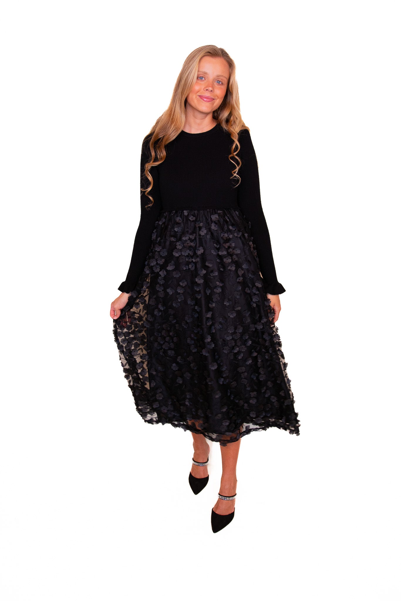 The Sofia 3D Floral Sweater Dress in Black