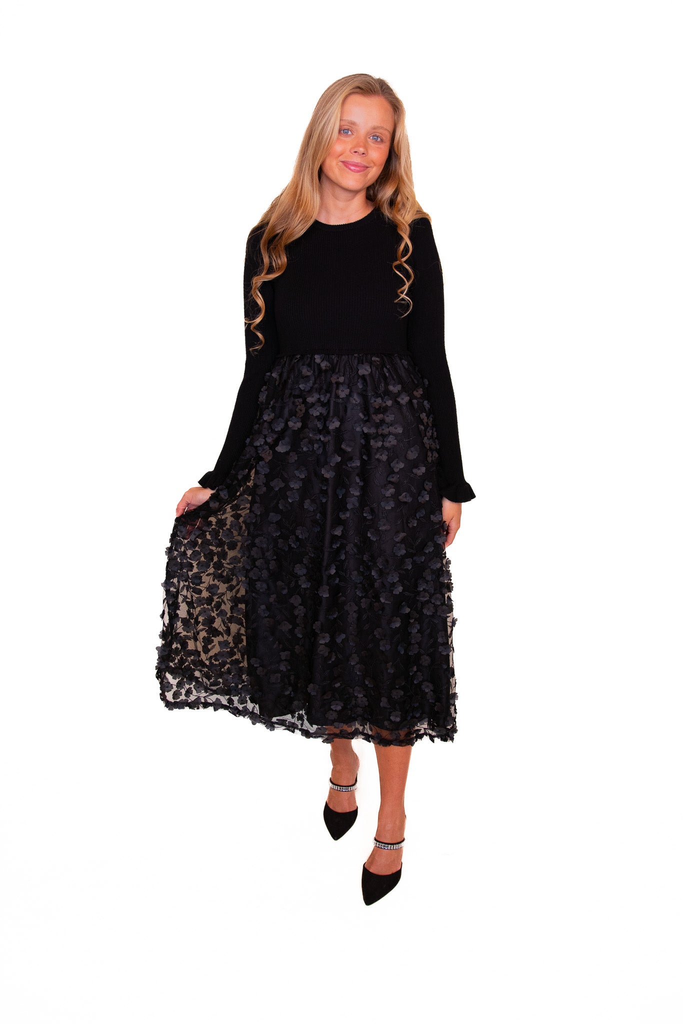 The Sofia 3D Floral Sweater Dress in Black