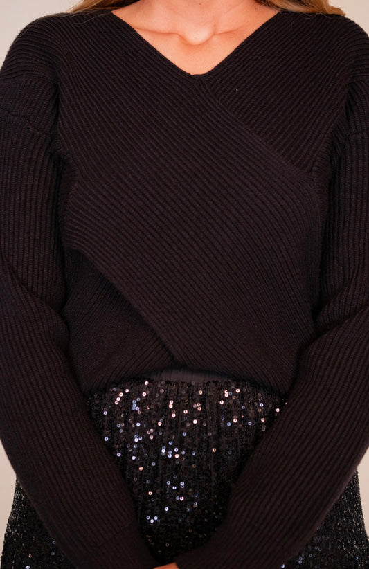 The Grace Wrap Knit Sweater in Black