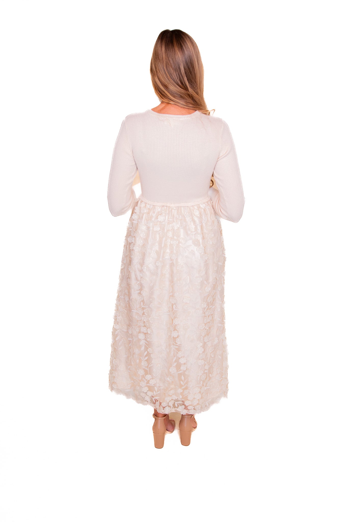 The Sofia 3D Floral Sweater Dress in Cream