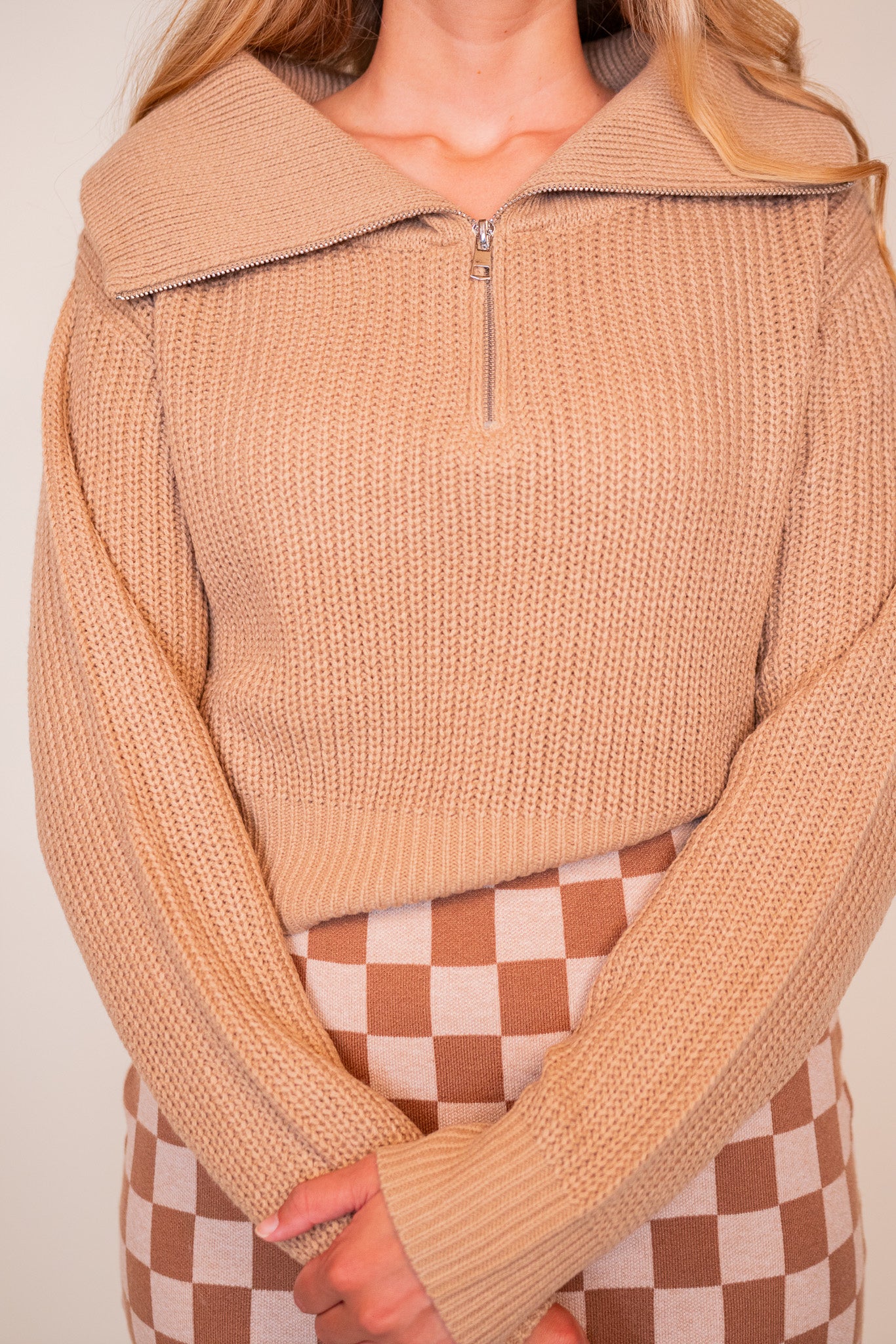 The Kelly Knit Quarter-zip Sweater in Latte