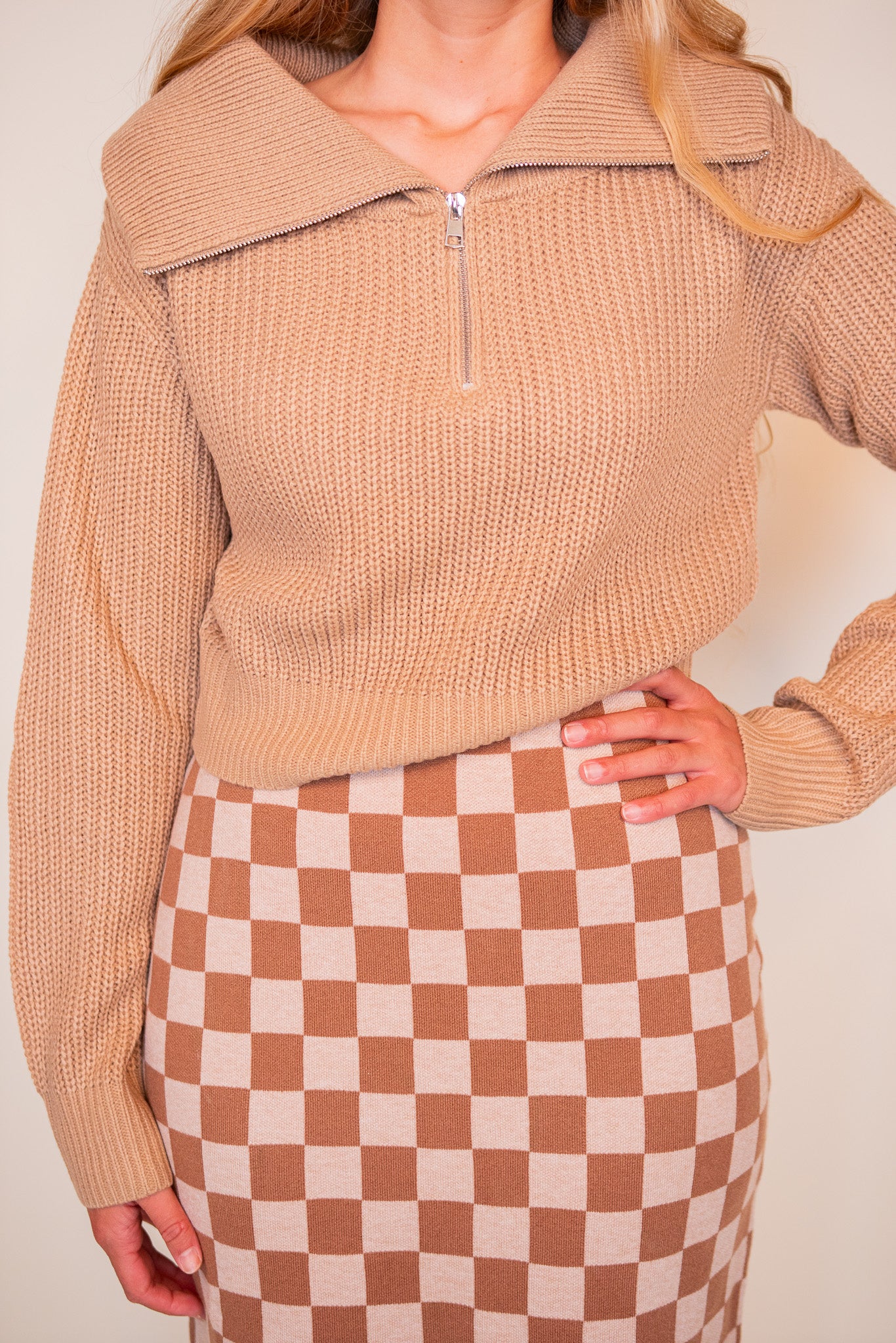 The Kelly Knit Quarter-zip Sweater in Latte