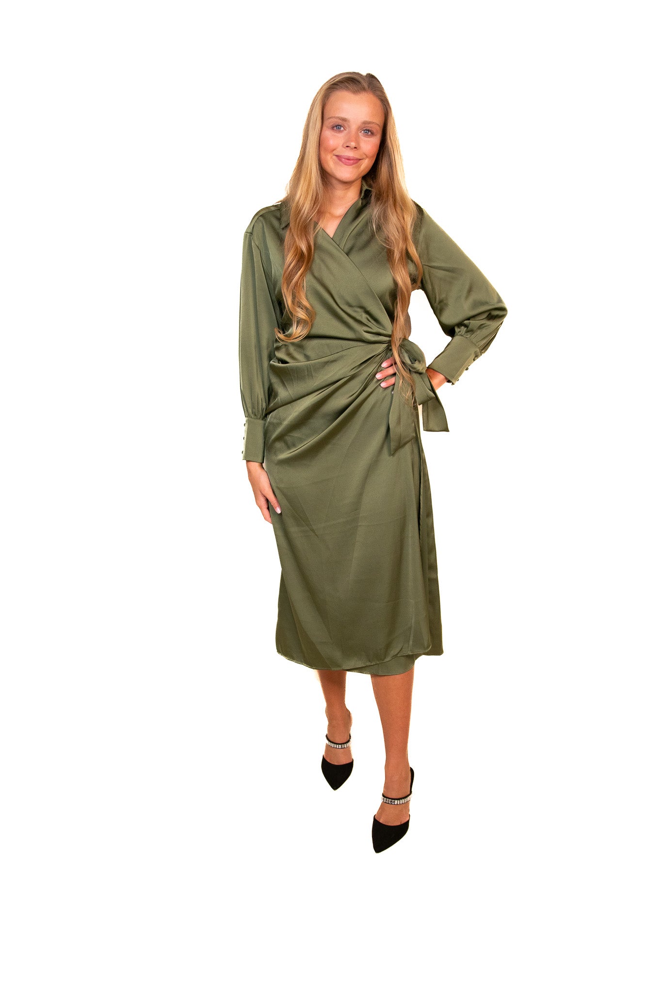 The Blaire Satin Wrap Dress in Olive