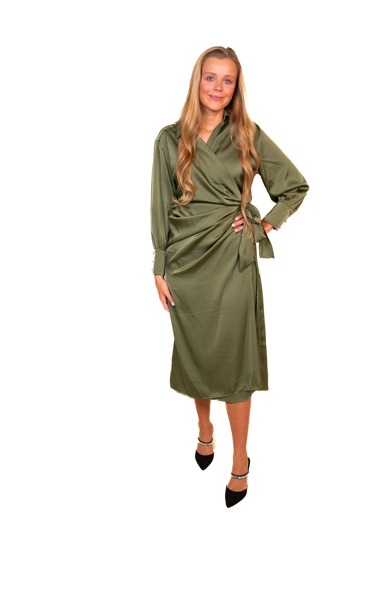 The Blaire Satin Wrap Dress in Olive