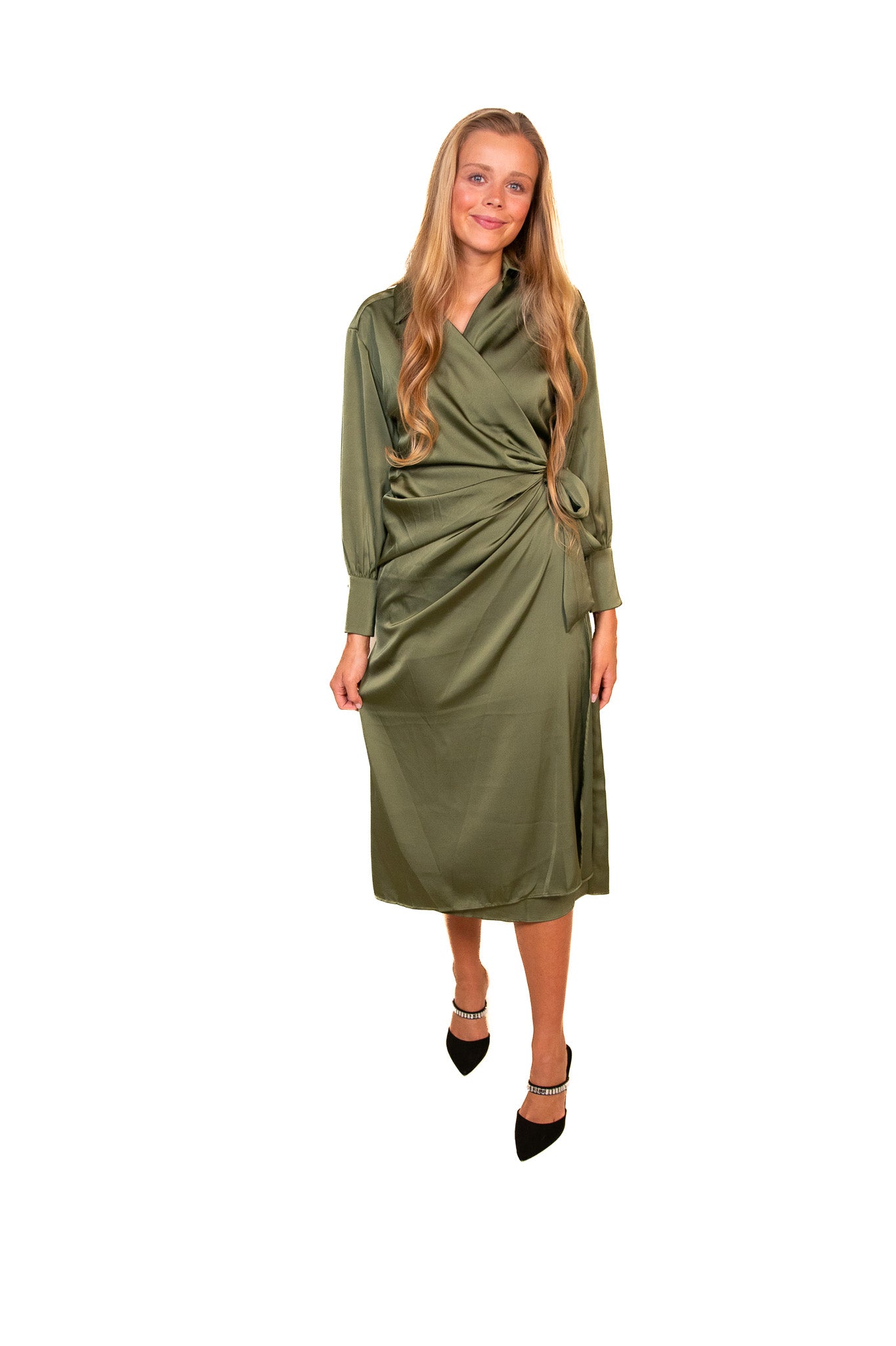 The Blaire Satin Wrap Dress in Olive