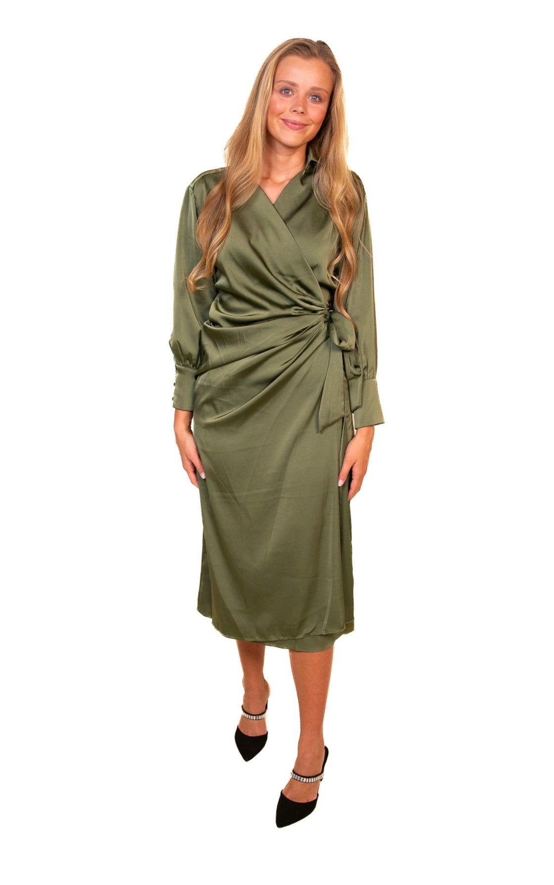 The Blaire Satin Wrap Dress in Olive