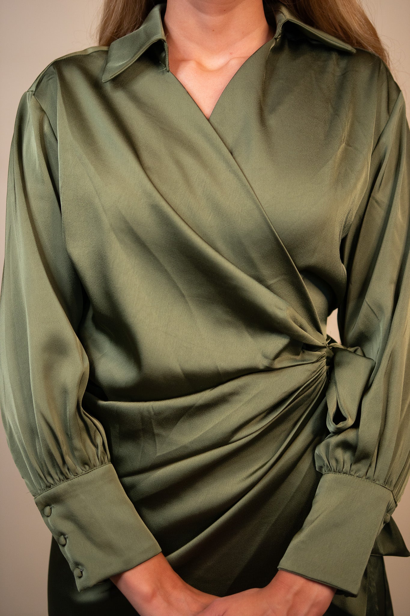 The Blaire Satin Wrap Dress in Olive