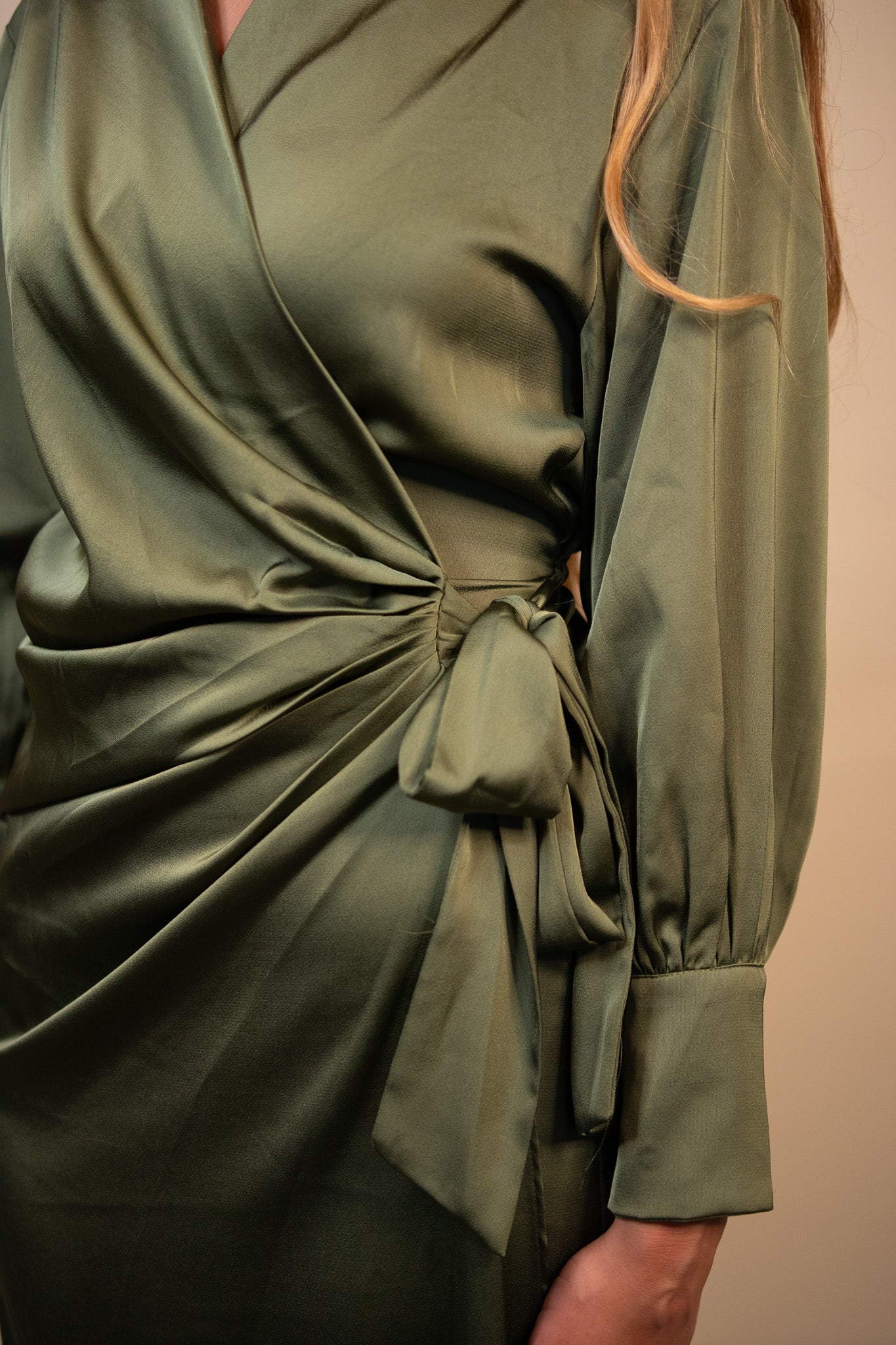 The Blaire Satin Wrap Dress in Olive