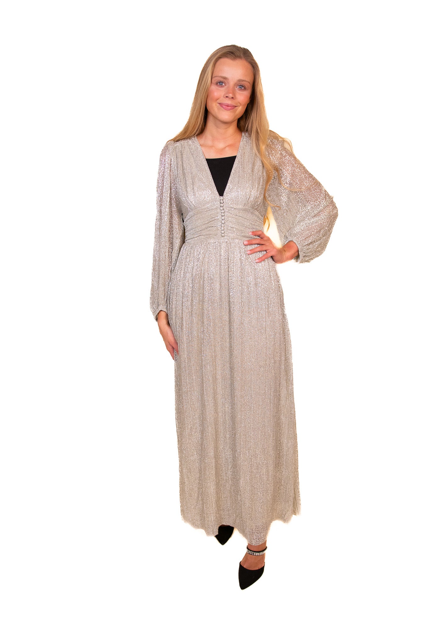 The Maren Sparkle Maxi Dress in Champagne