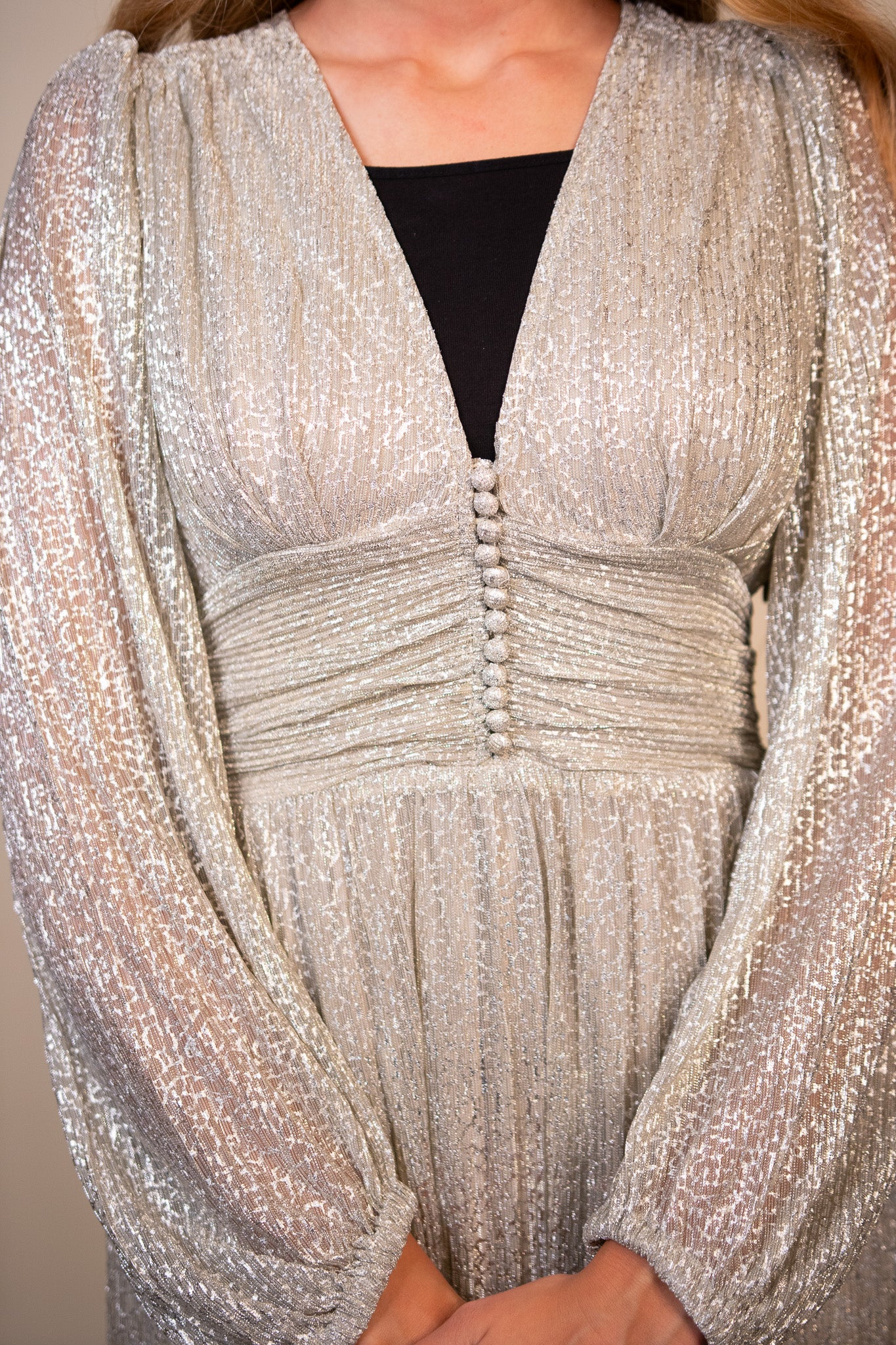 The Maren Sparkle Maxi Dress in Champagne