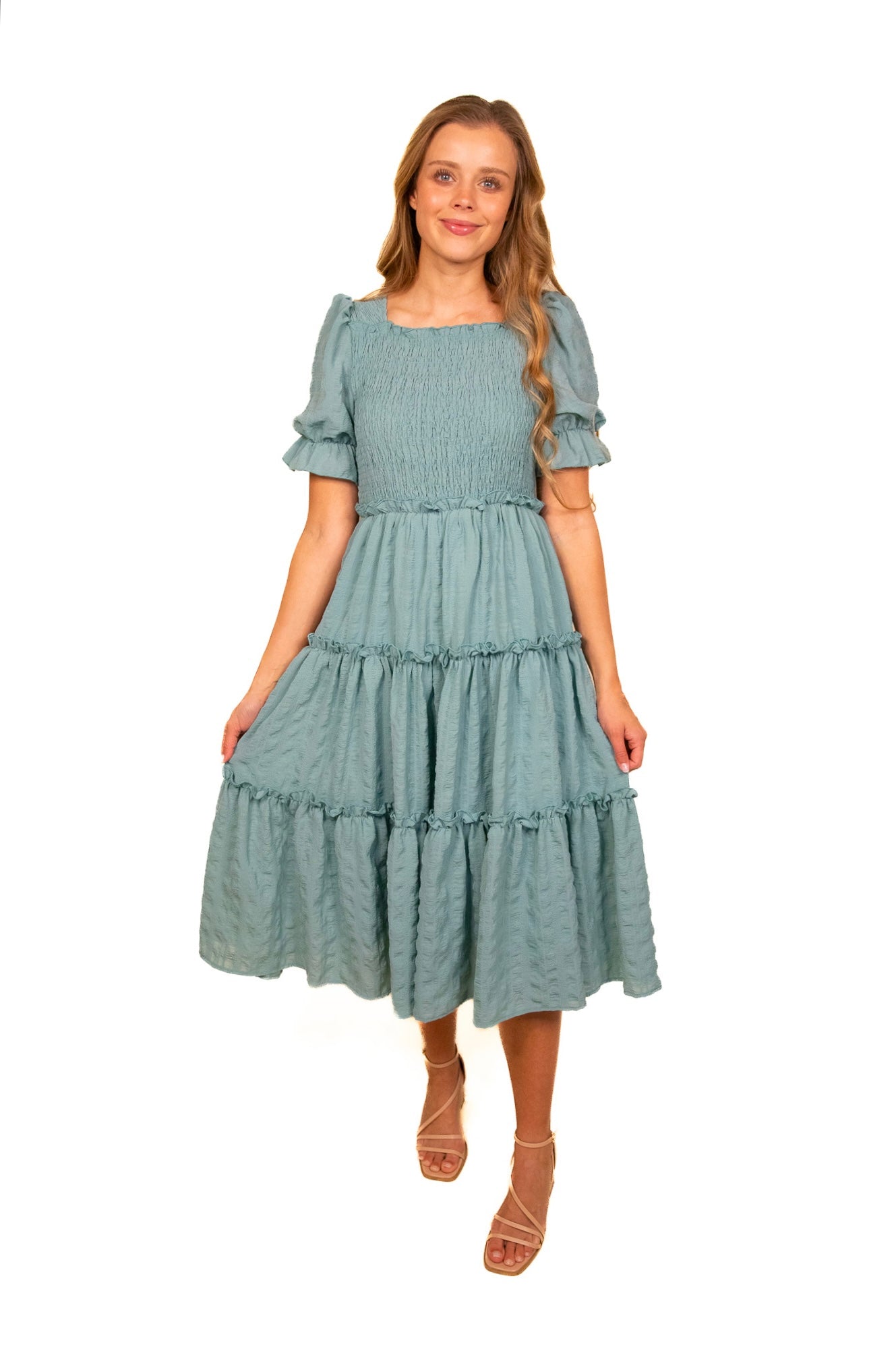 The Lexi Smocked Midi in Teal