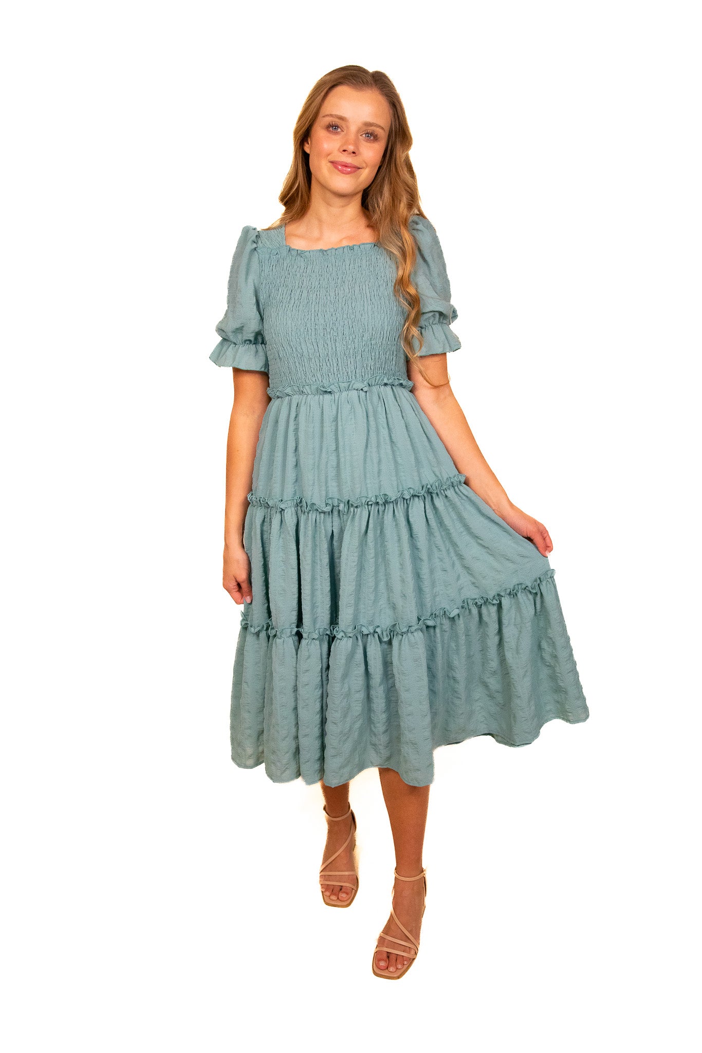 The Lexi Smocked Midi in Teal