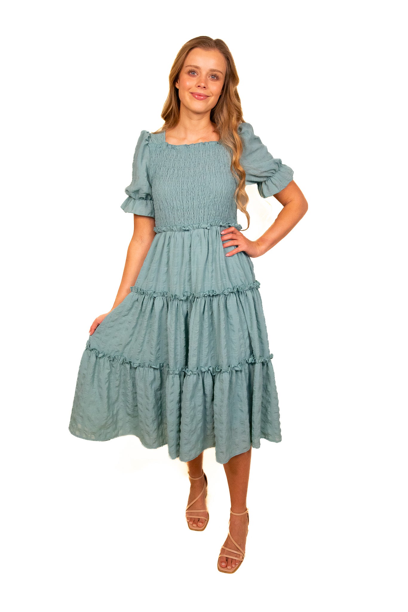 The Lexi Smocked Midi in Teal