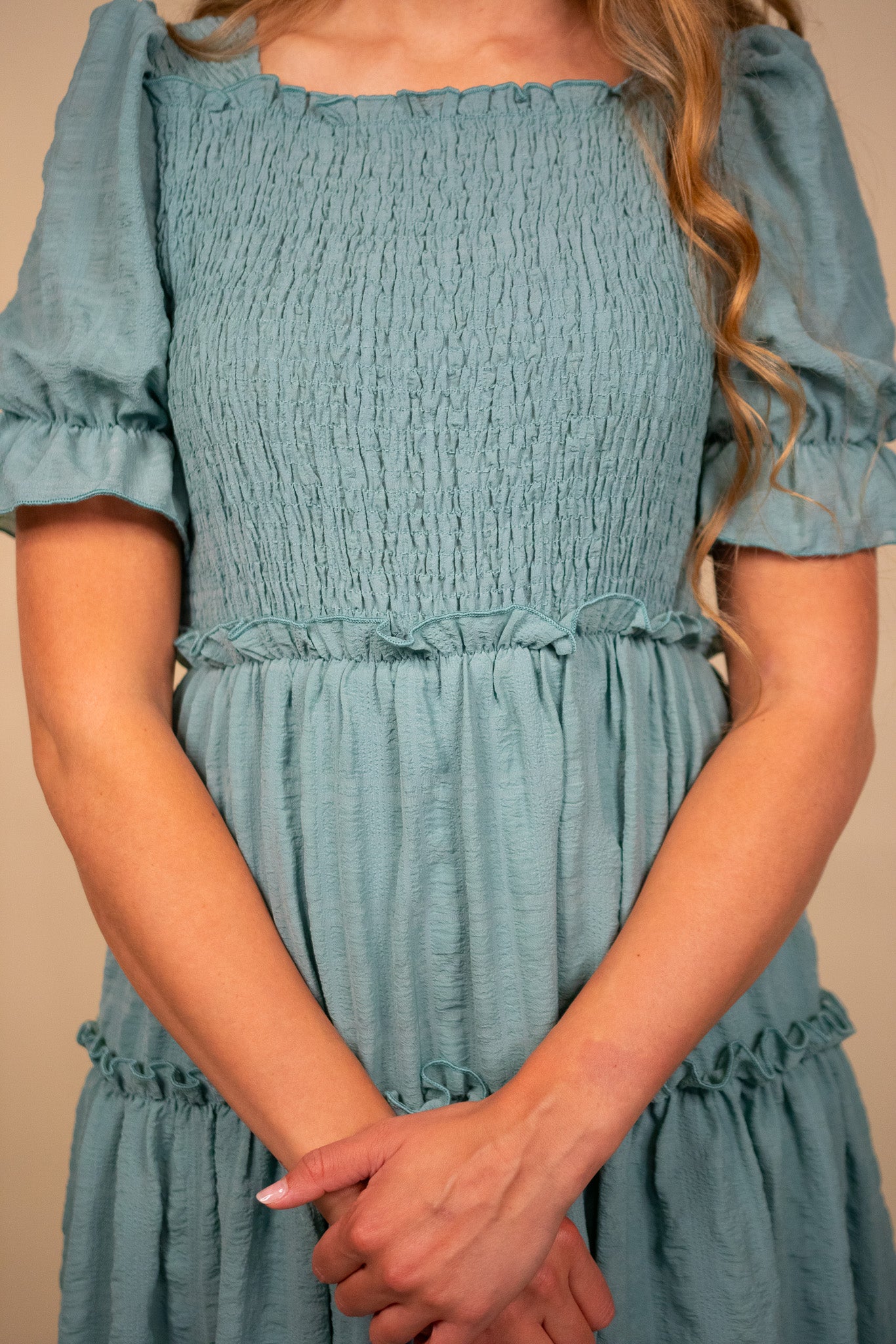 The Lexi Smocked Midi in Teal