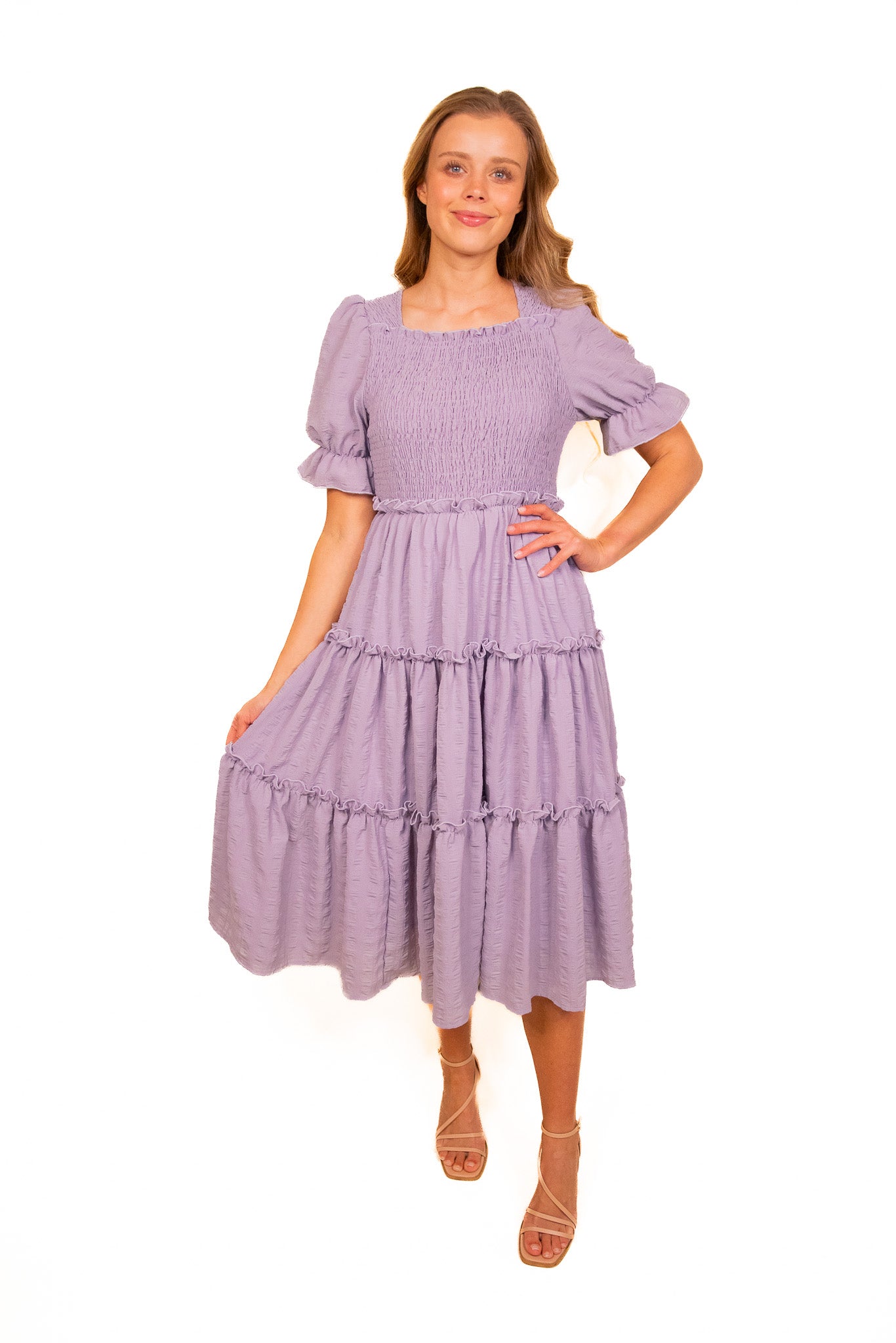 The Lexi Smocked Midi in Lavender