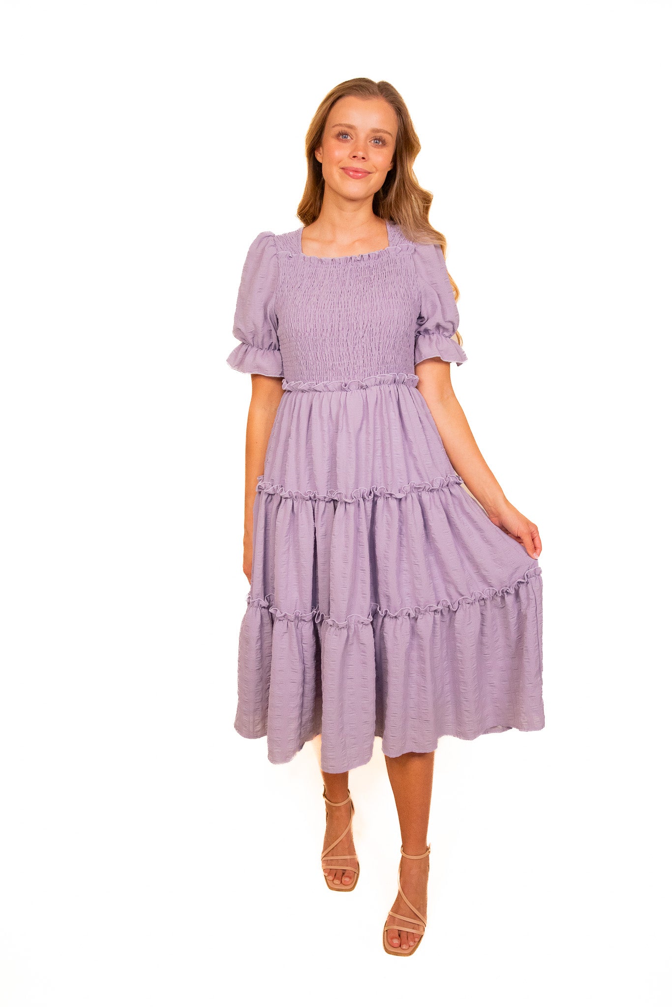 The Lexi Smocked Midi in Lavender