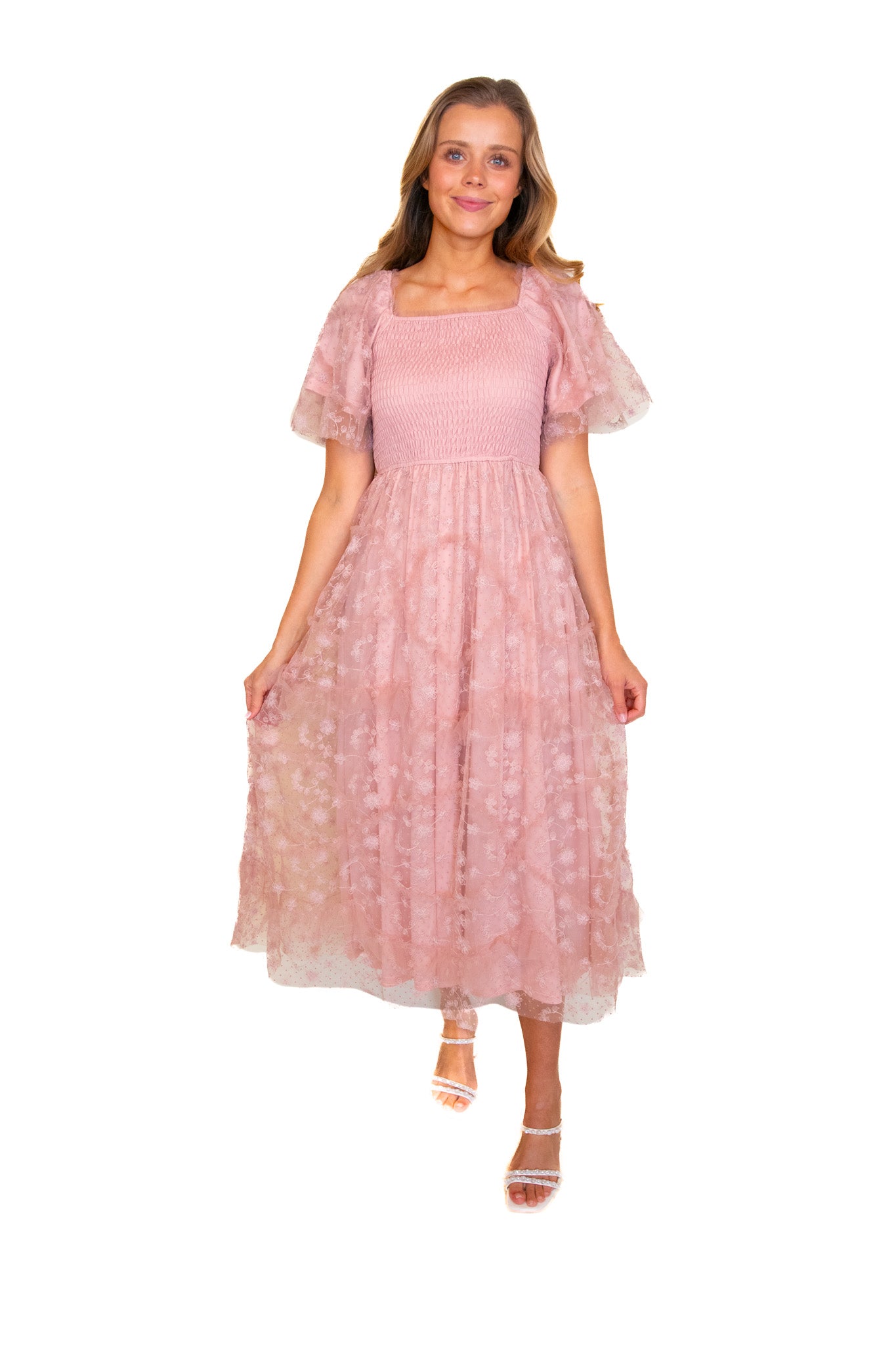 The Aria Embroidered Smocked Midi in Pink