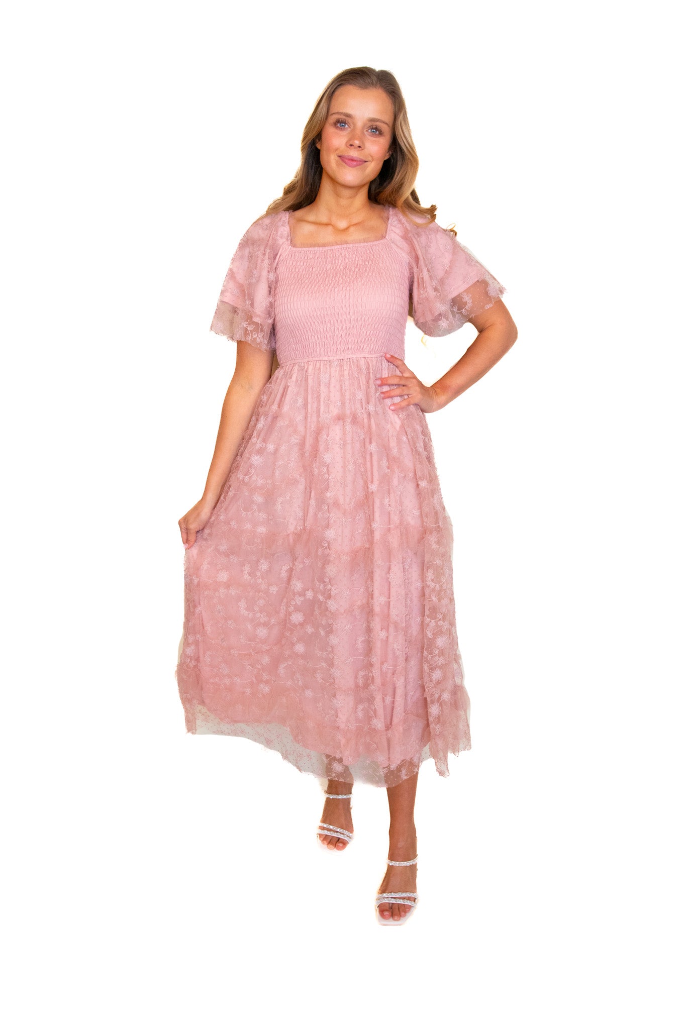 The Aria Embroidered Smocked Midi in Pink