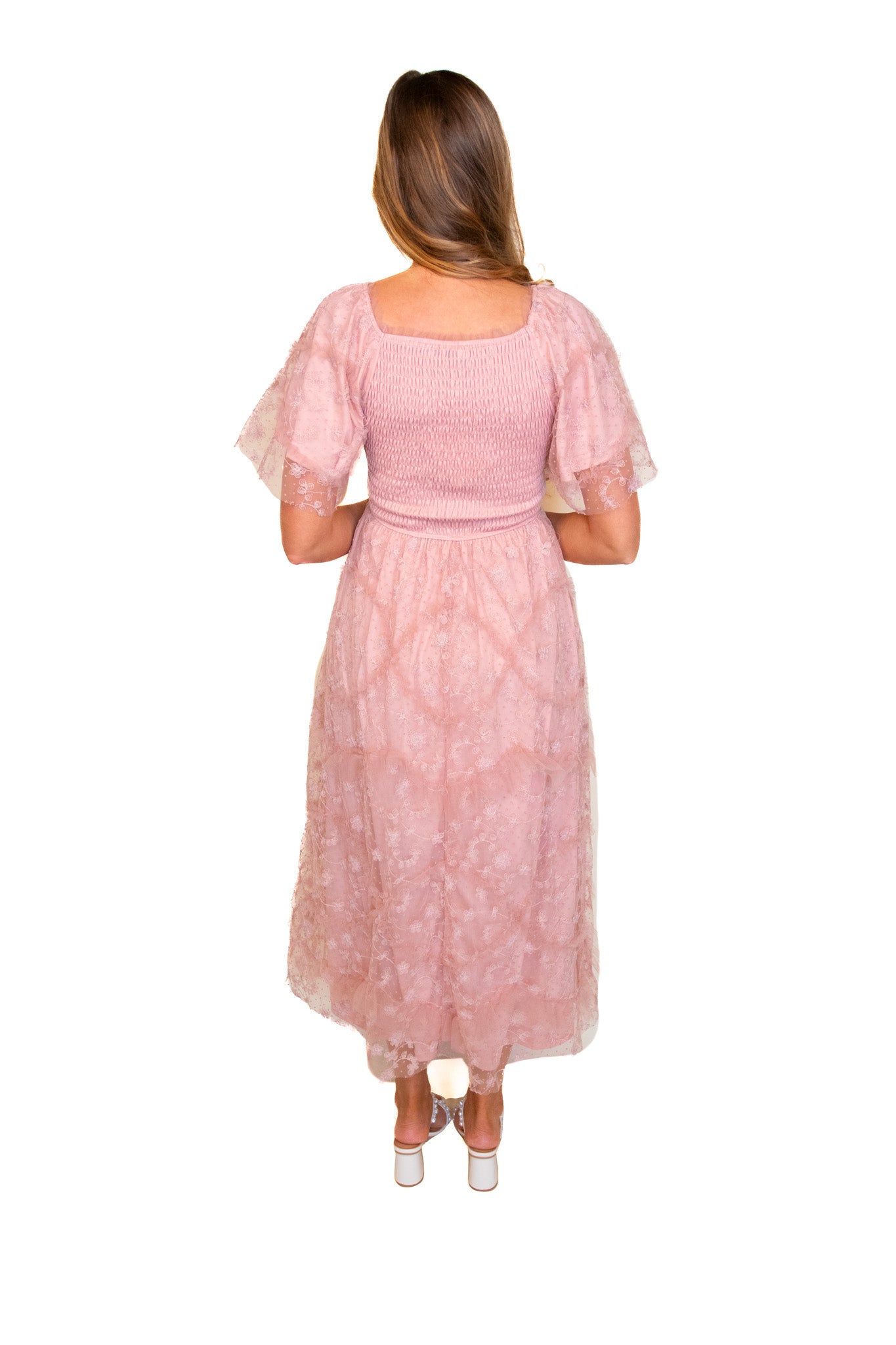 The Aria Embroidered Smocked Midi in Pink