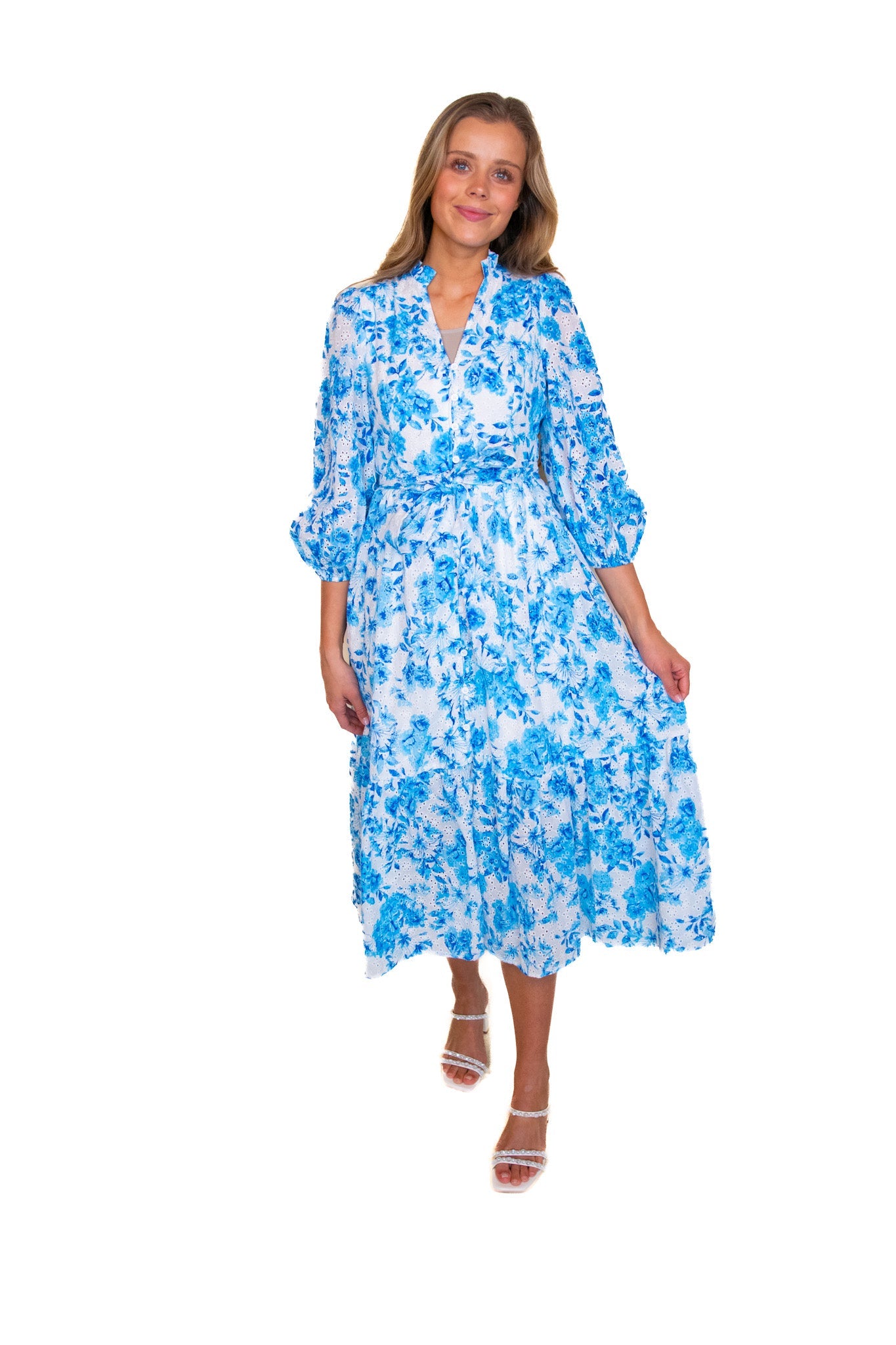 RESTOCKED - The Ellie Blue Floral Eyelet Midi