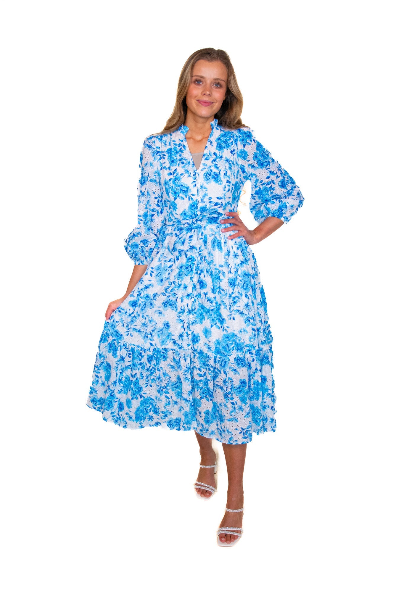 RESTOCKED - The Ellie Blue Floral Eyelet Midi