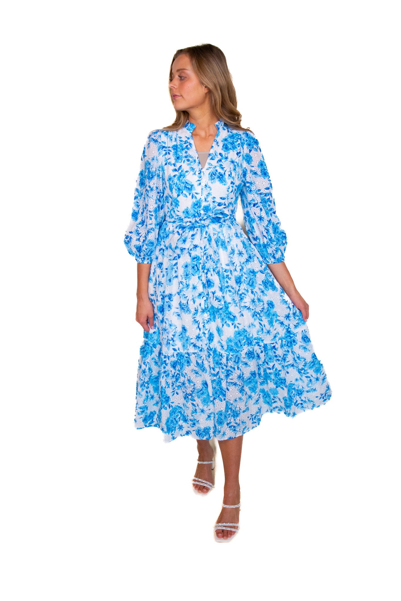 RESTOCKED - The Ellie Blue Floral Eyelet Midi