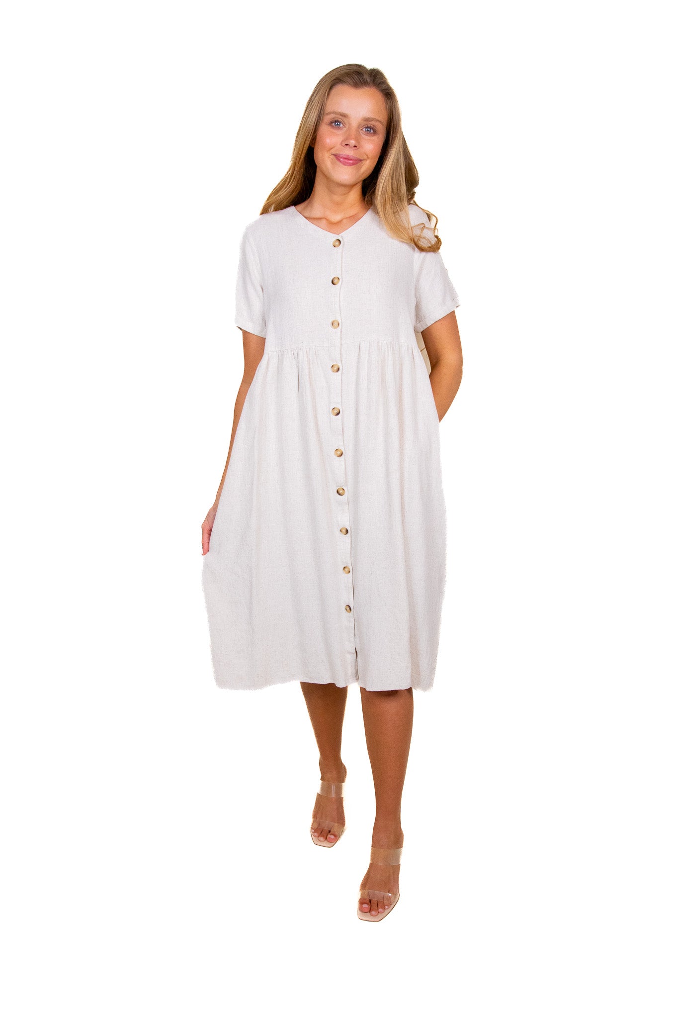 The Kelly Dress with Pockets in Oatmeal Linen