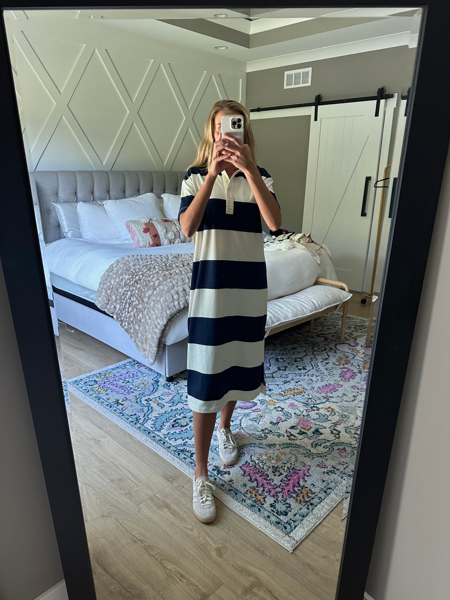 The Annie Polo Dress in Navy Stripes