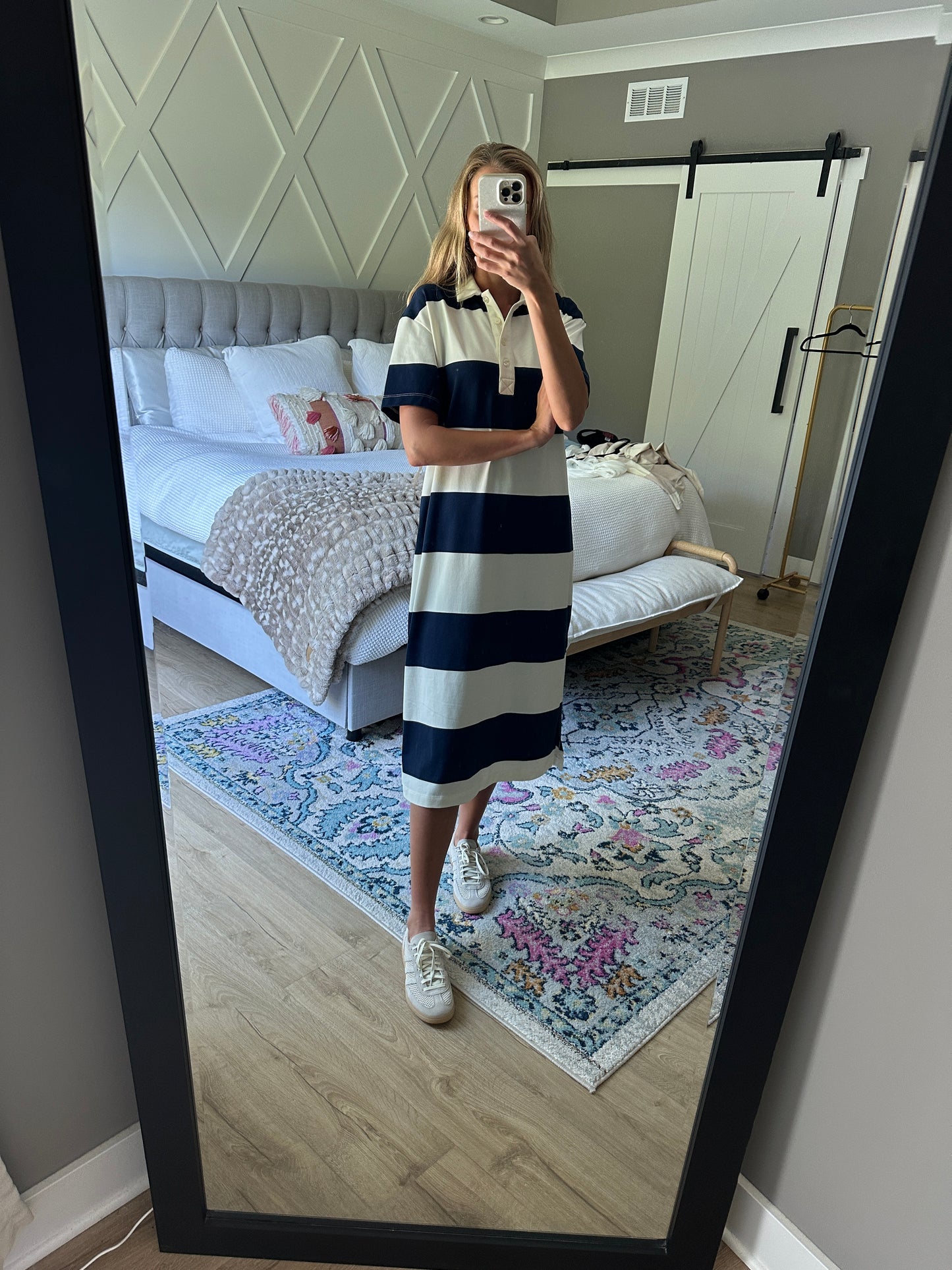 The Annie Polo Dress in Navy Stripes