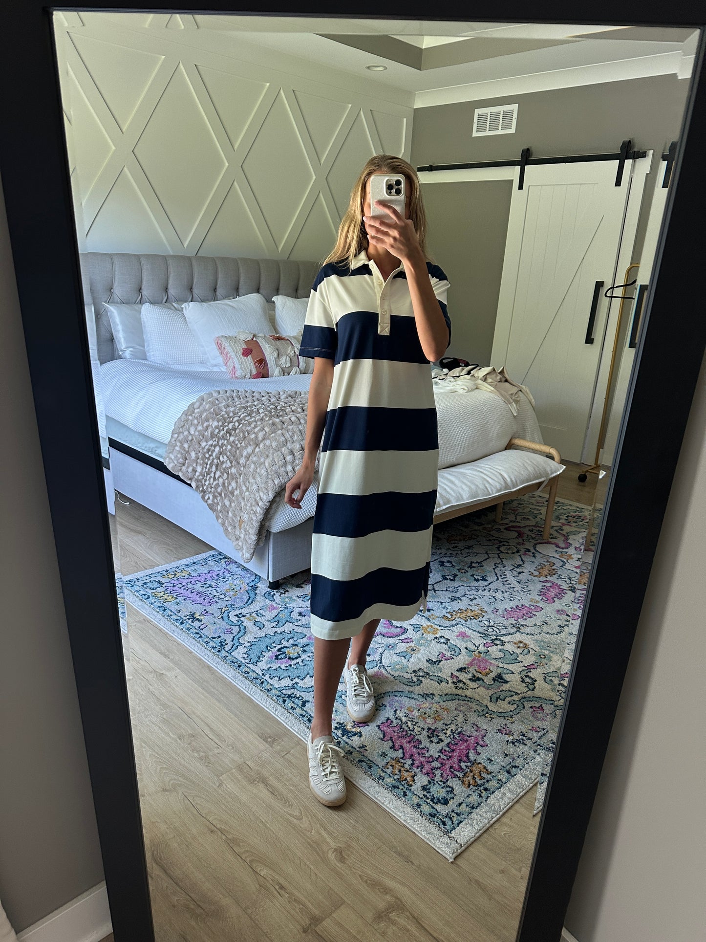 The Annie Polo Dress in Navy Stripes