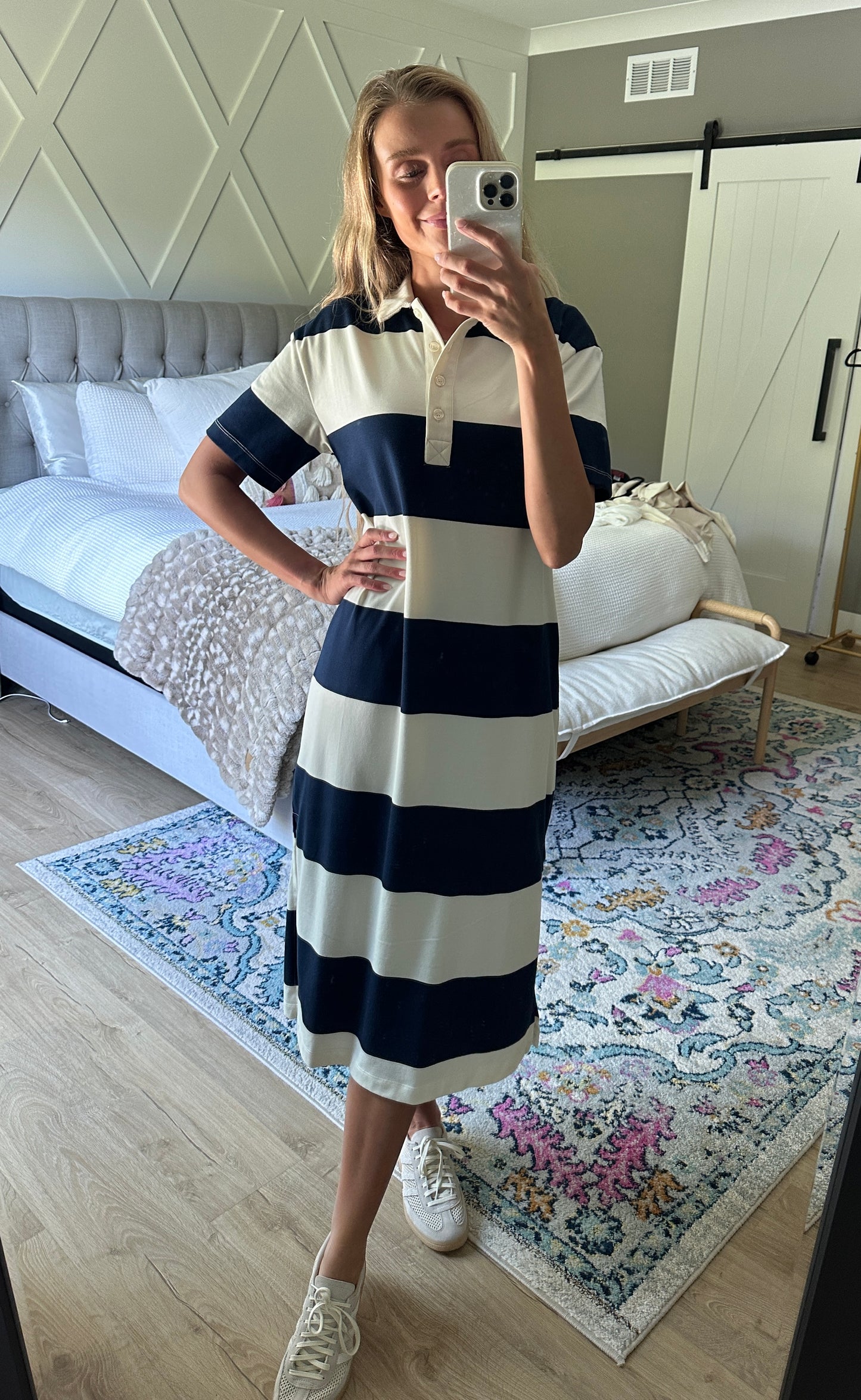 The Annie Polo Dress in Navy Stripes