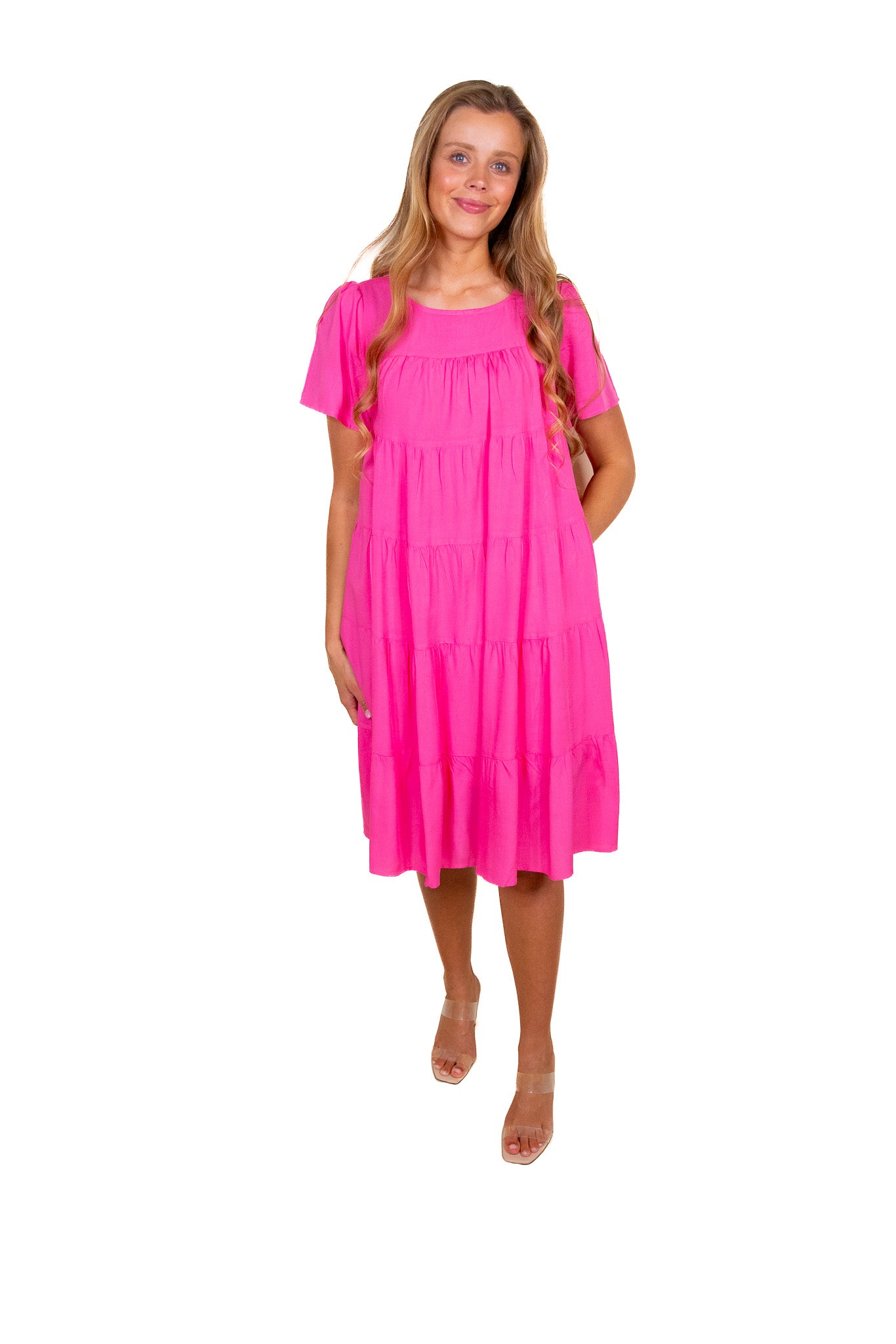 RESTOCKED - The Bella Babydoll Dress with Pockets in Hot Pink