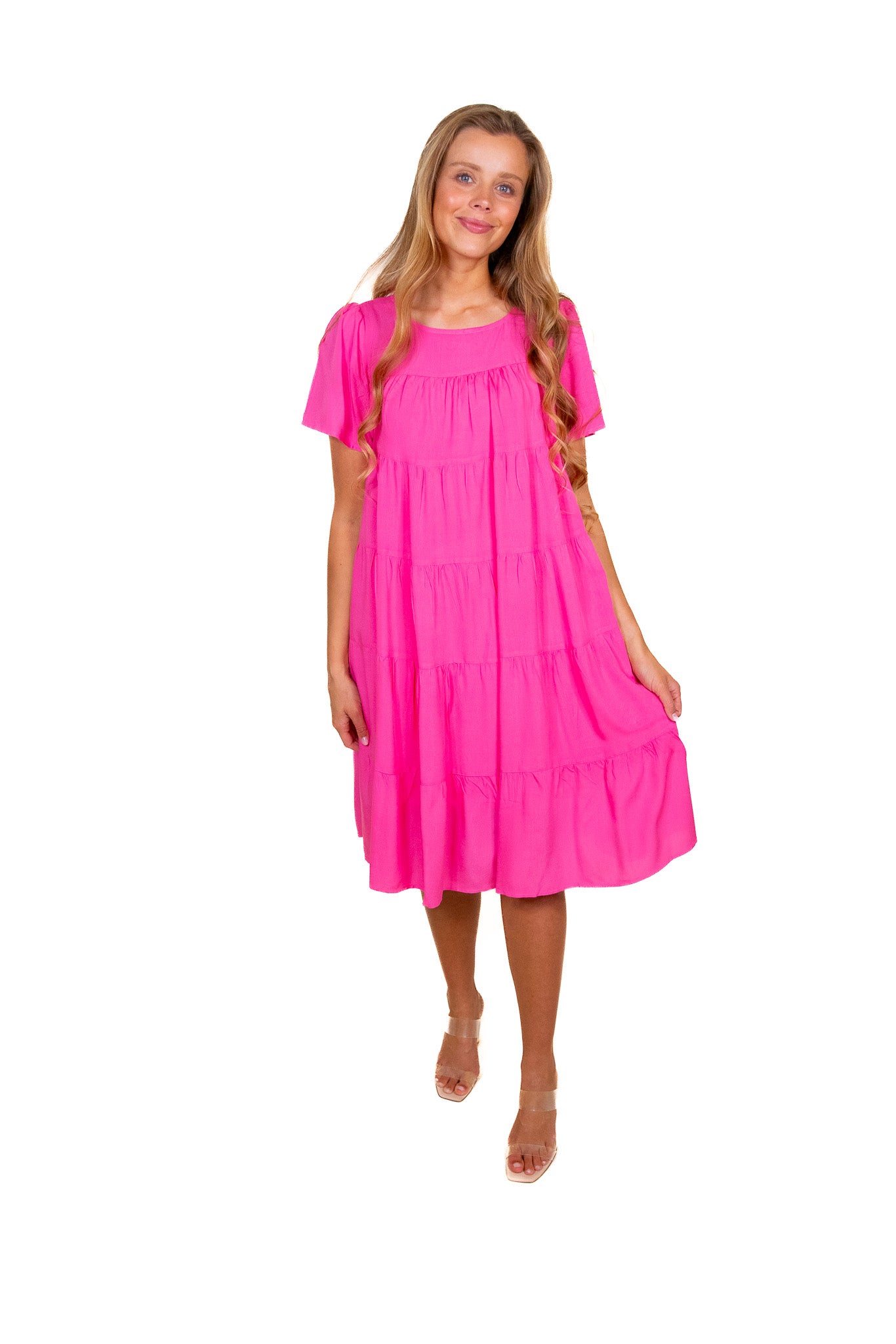 RESTOCKED - The Bella Babydoll Dress with Pockets in Hot Pink