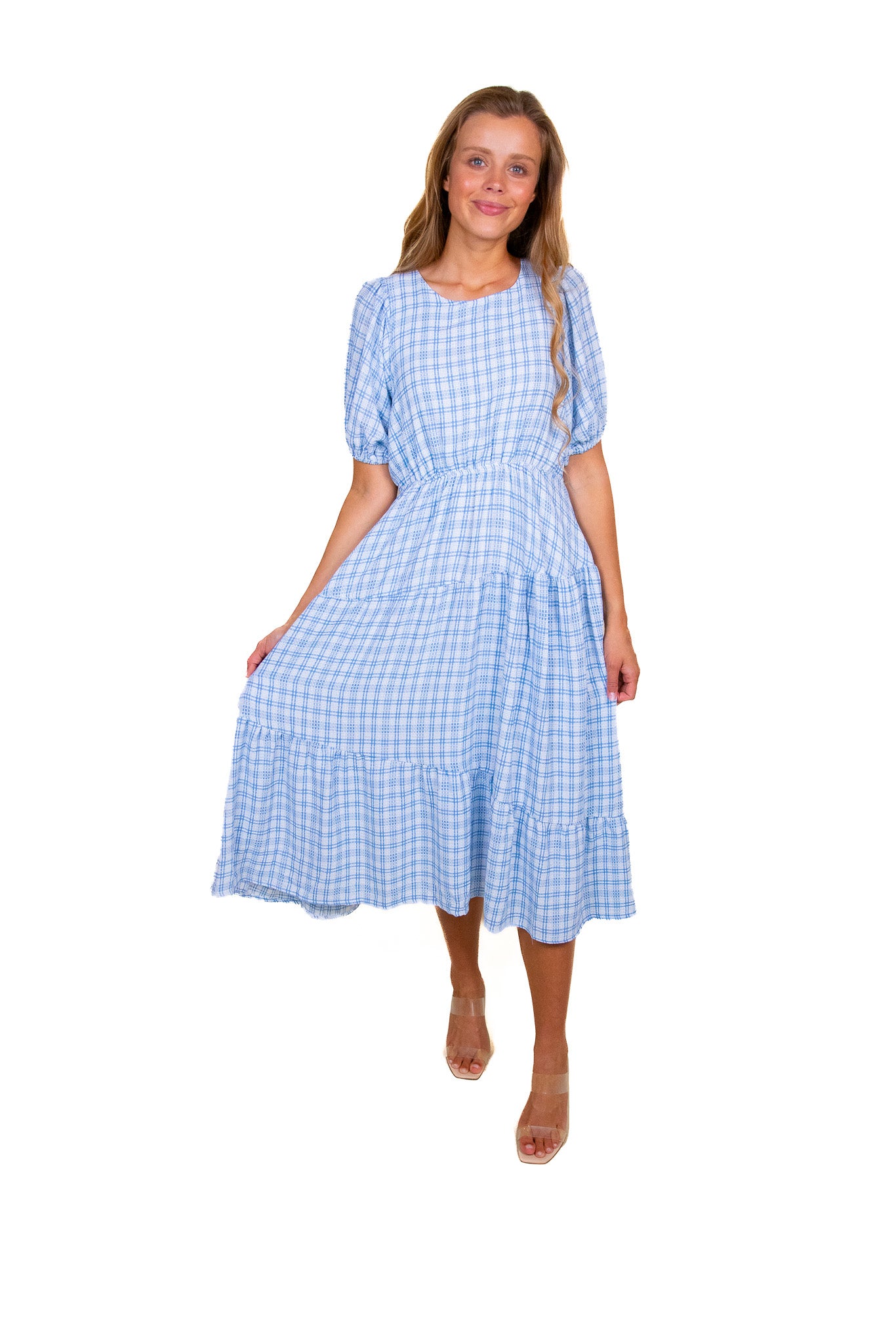 The Dorothy Plaid Tiered Midi in Blue