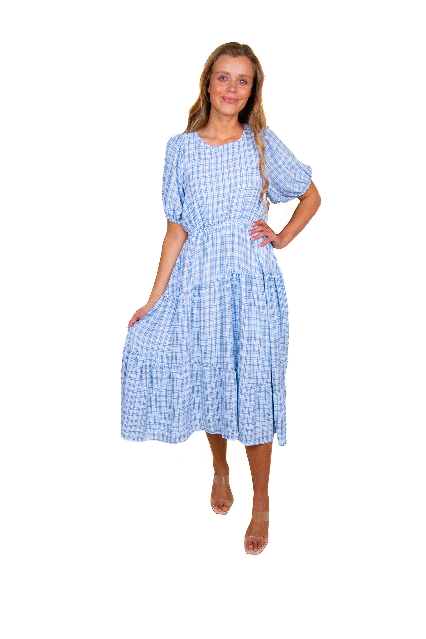 The Dorothy Plaid Tiered Midi in Blue