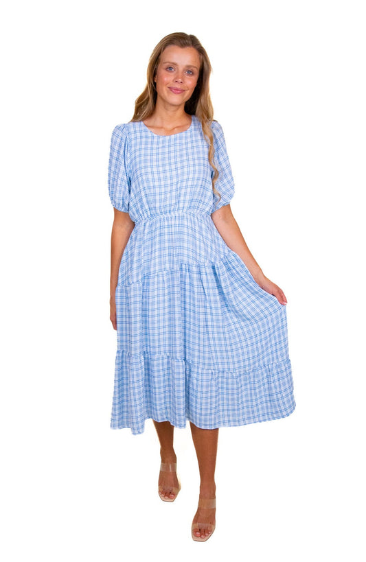 The Dorothy Plaid Tiered Midi in Blue