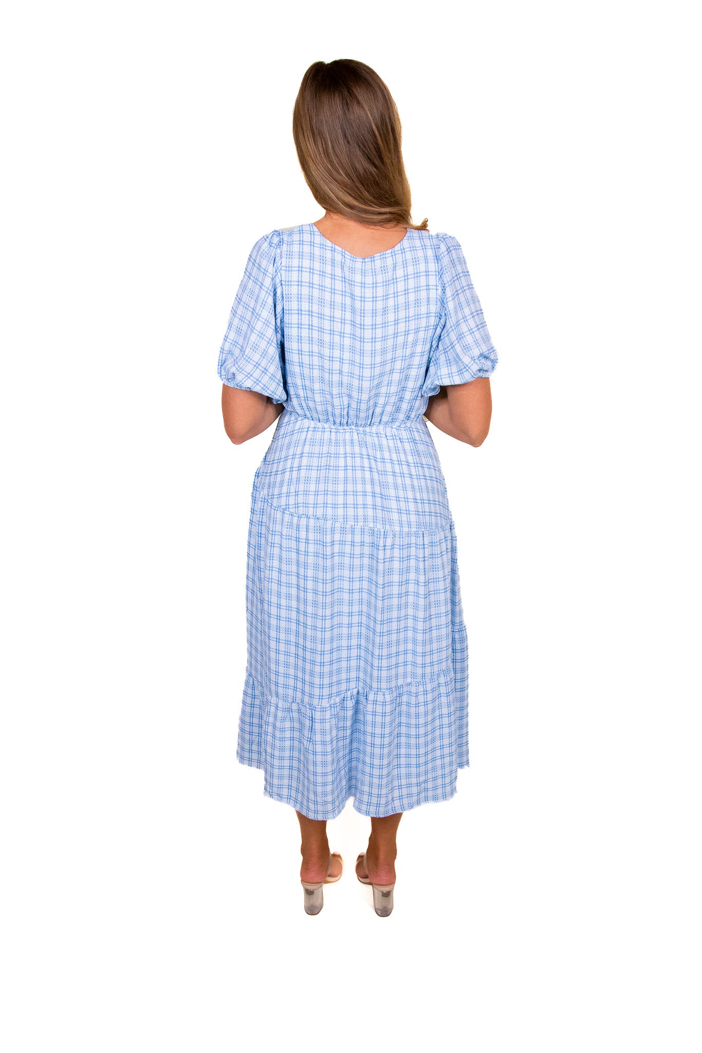 The Dorothy Plaid Tiered Midi in Blue