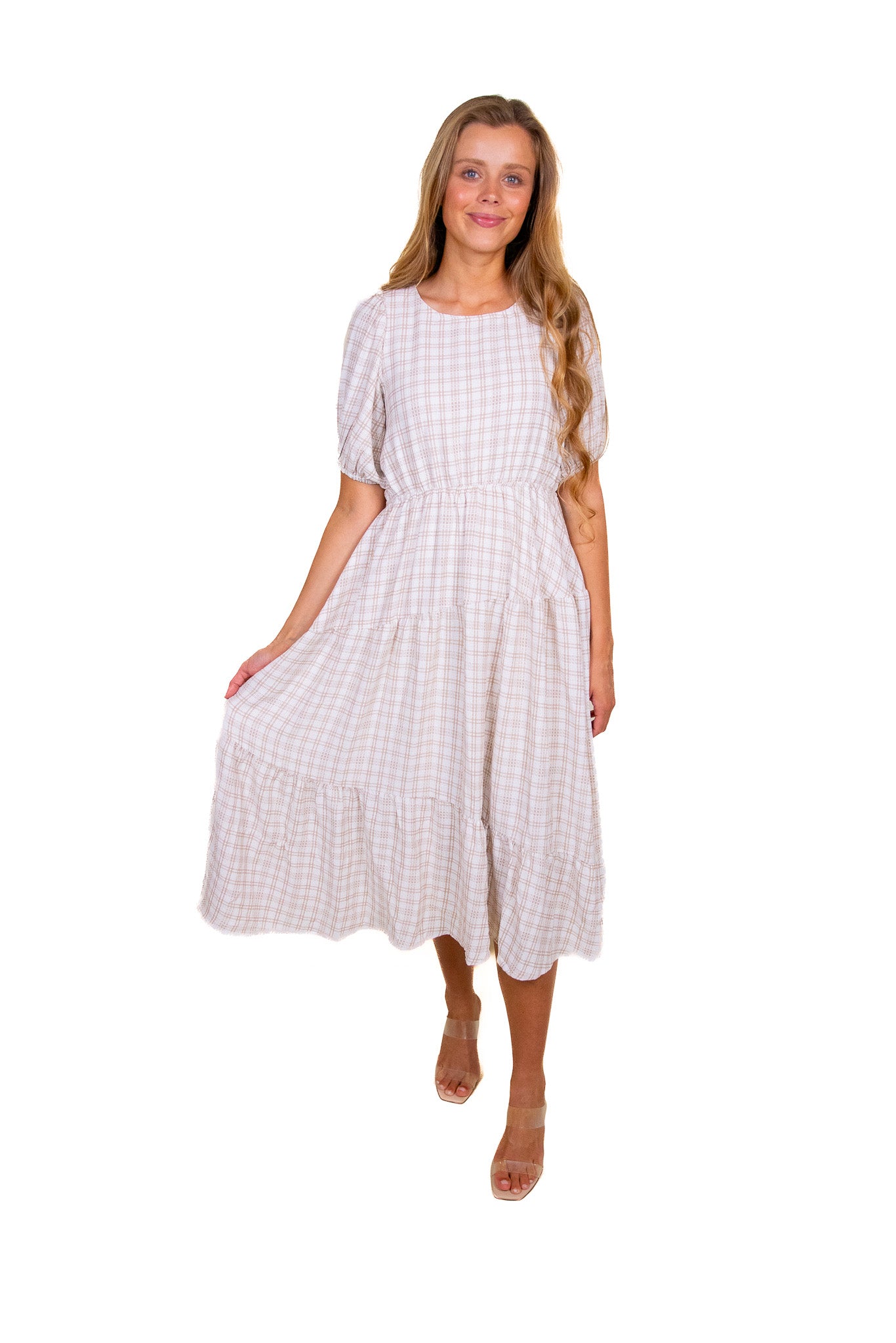 RESTOCKED - The Dorothy Plaid Tiered Midi in Tan