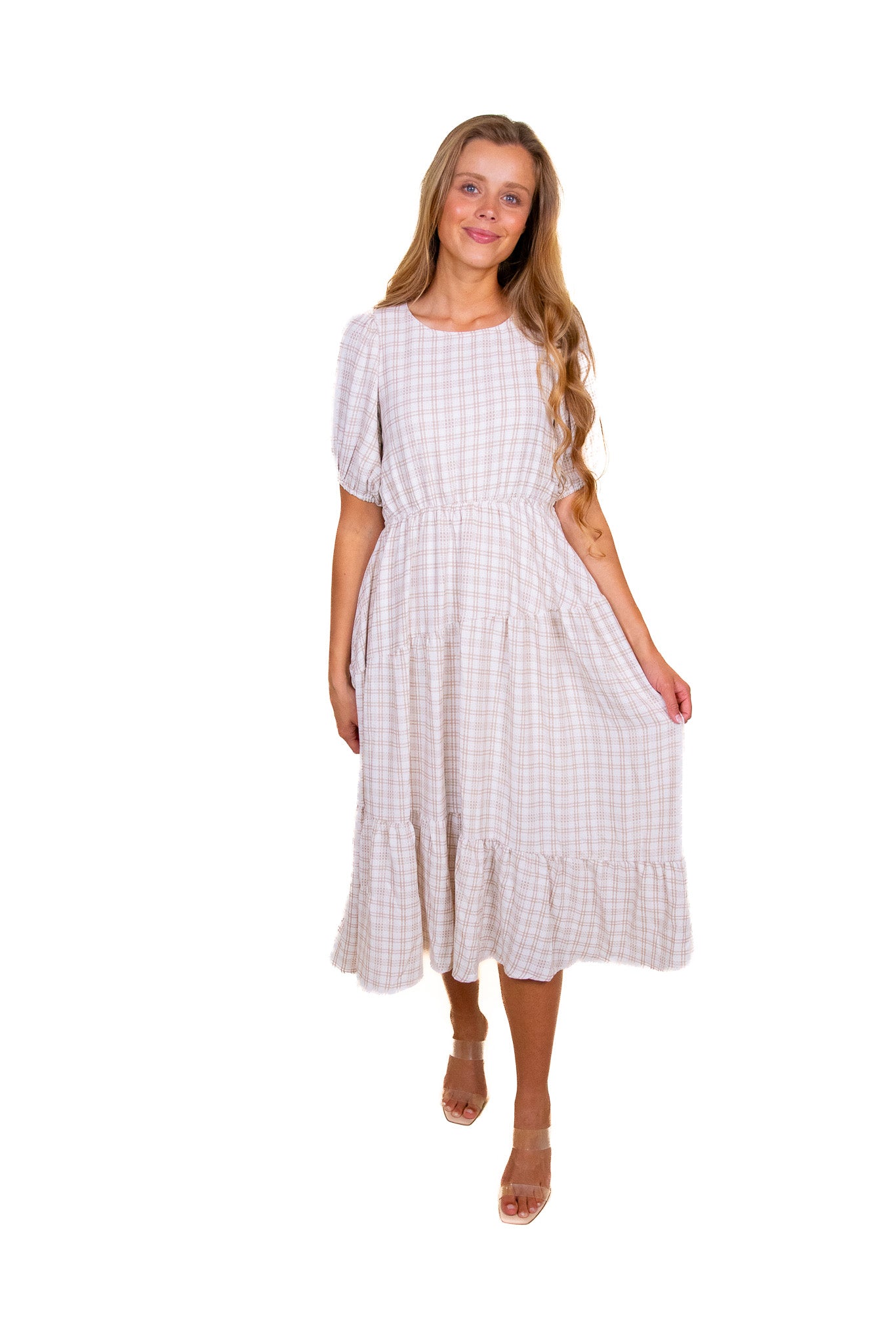 RESTOCKED - The Dorothy Plaid Tiered Midi in Tan