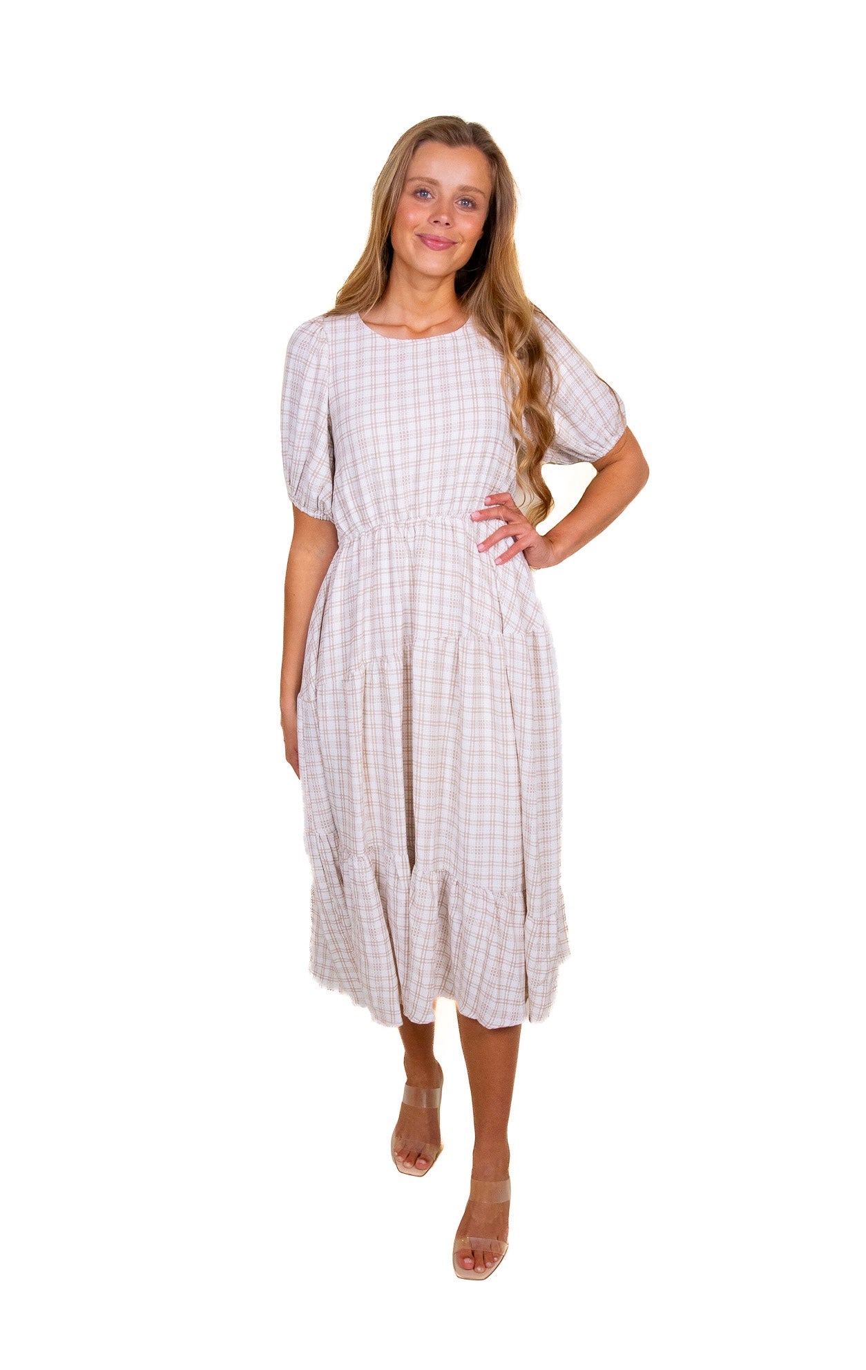 RESTOCKED - The Dorothy Plaid Tiered Midi in Tan