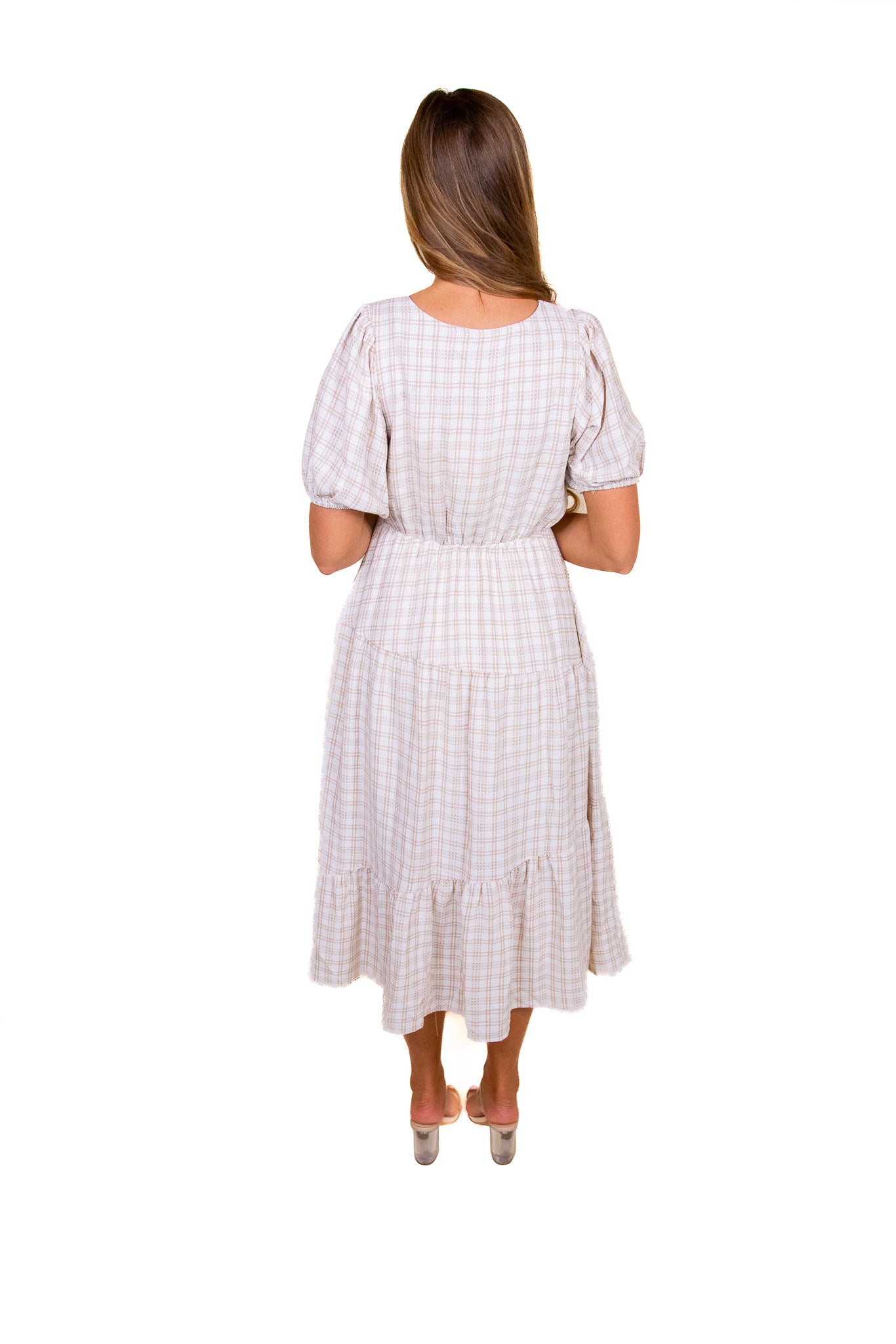 RESTOCKED - The Dorothy Plaid Tiered Midi in Tan