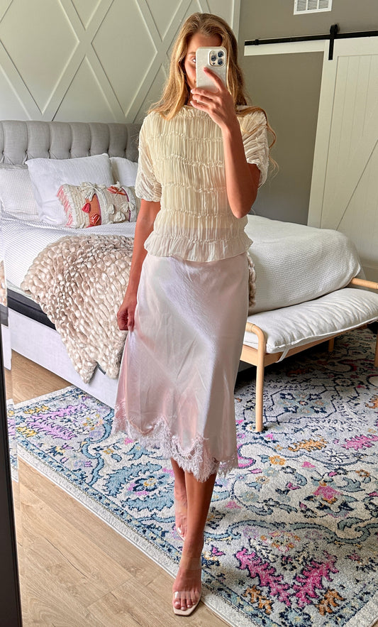 The Penelope Satin Lace Trim Skirt in Ballerina Pink