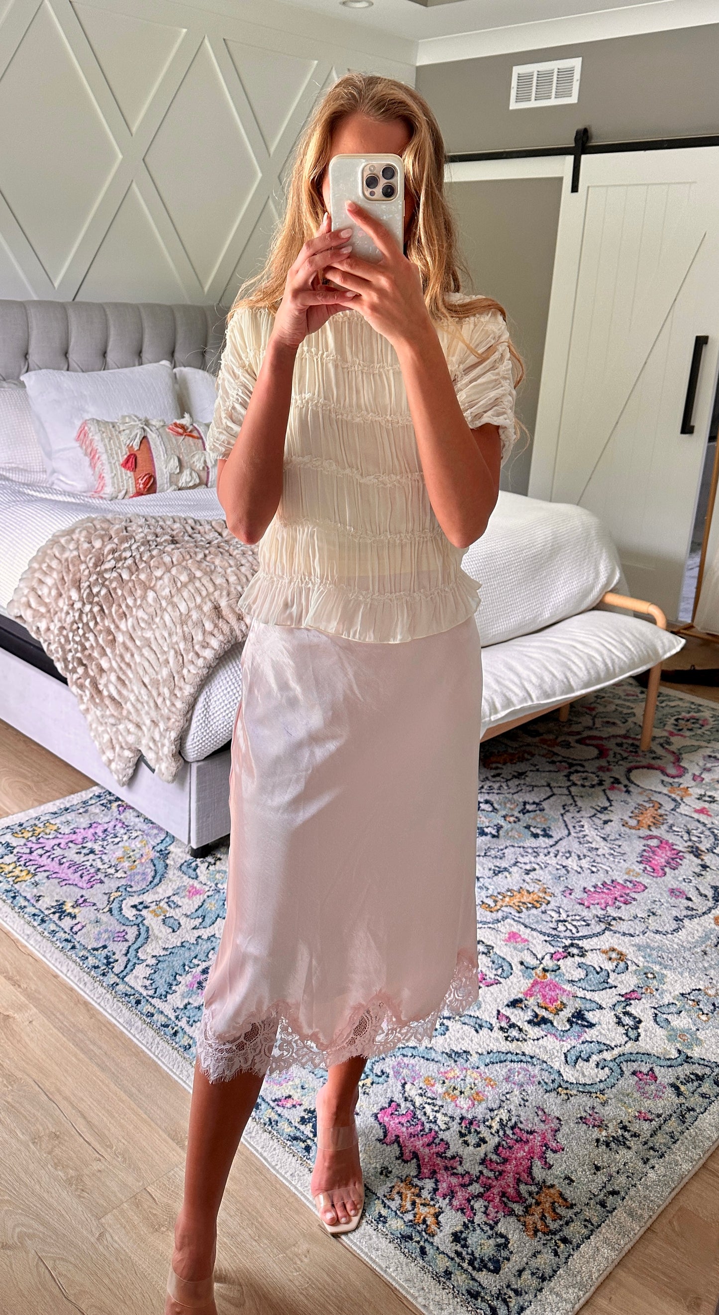 The Penelope Satin Lace Trim Skirt in Ballerina Pink