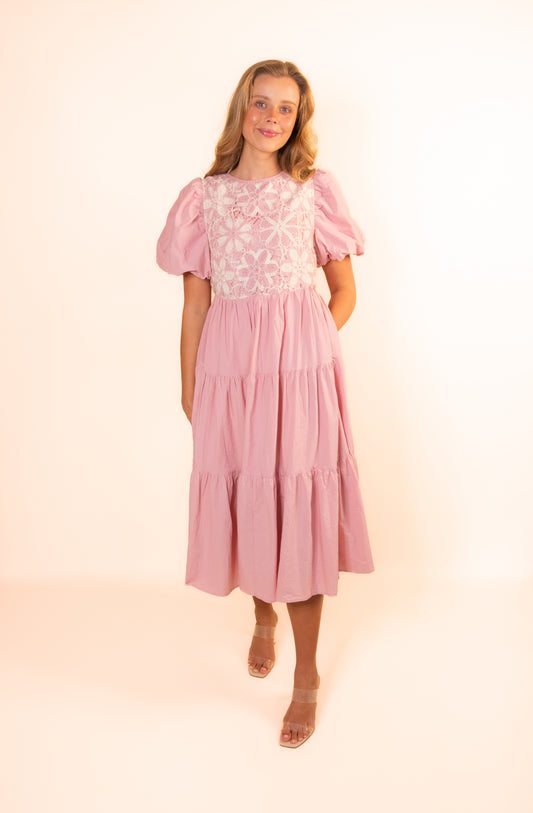 The Mara Crochet Tiered Midi in Pink