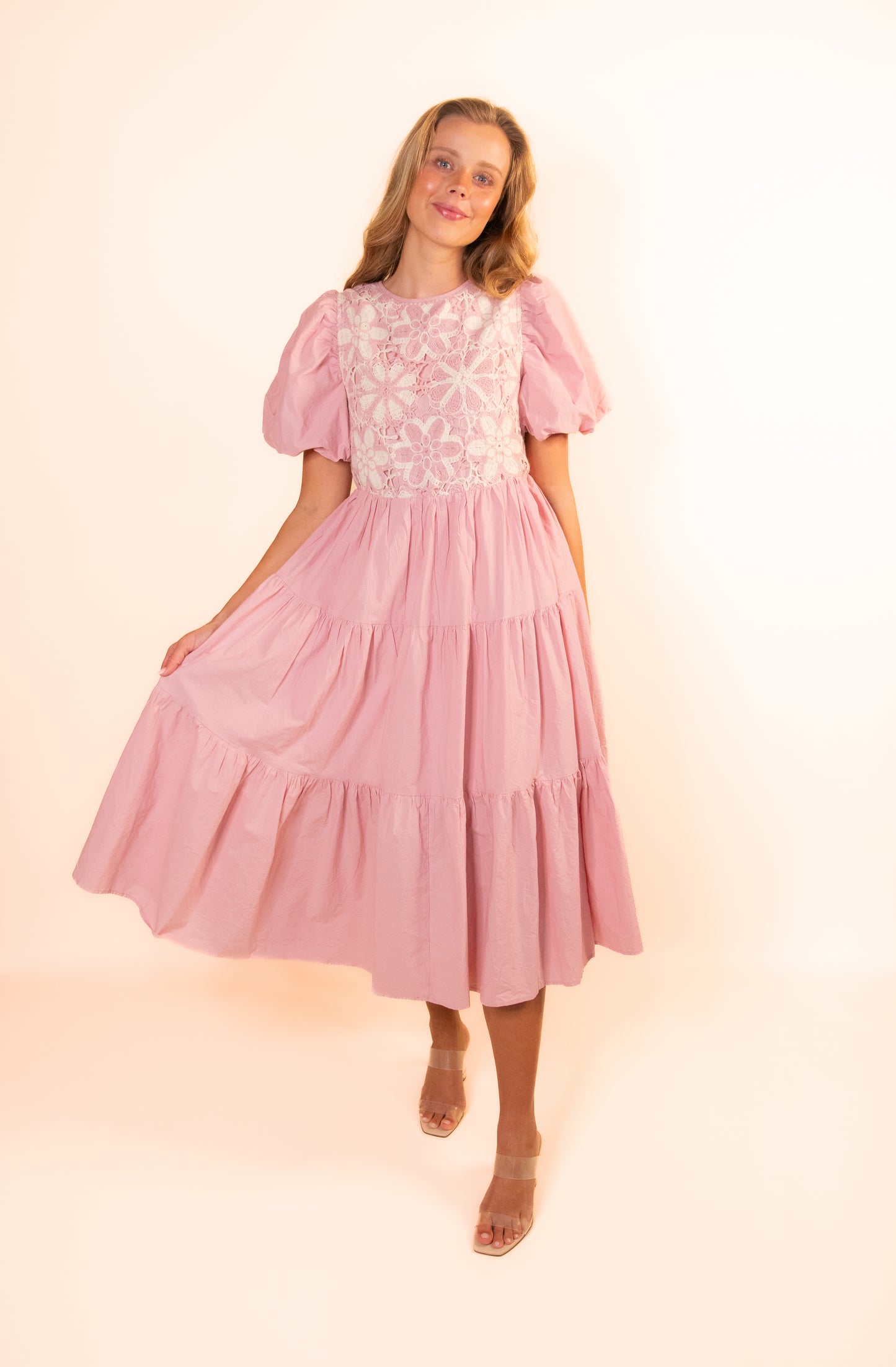 The Mara Crochet Tiered Midi in Pink